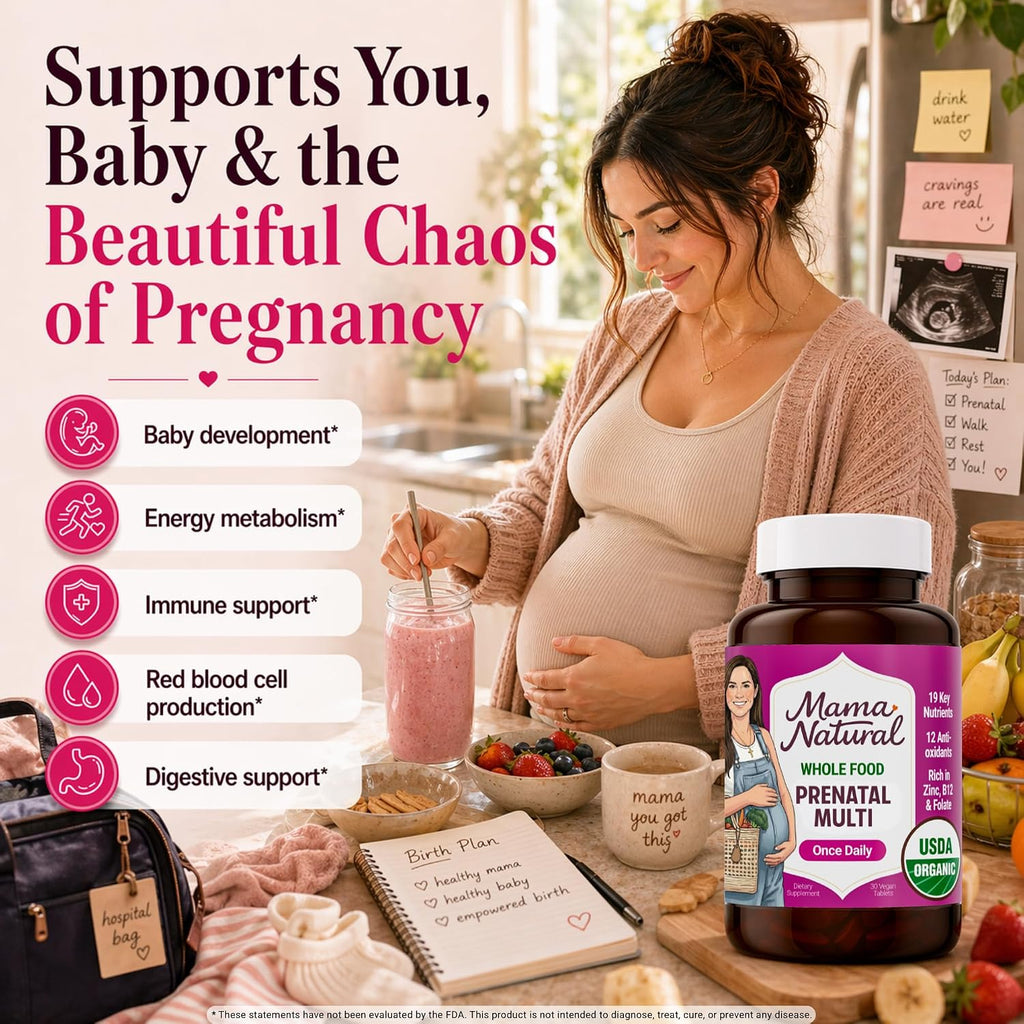 Mama Natural Organic Prenatal Vitamins for Women Vegan (30 Servings) | One A Day Prenatal Vitamins for Pregnant Women | Food Based, Non-GMO & Gluten-Free - Pre Natal Multivitamin with Folate