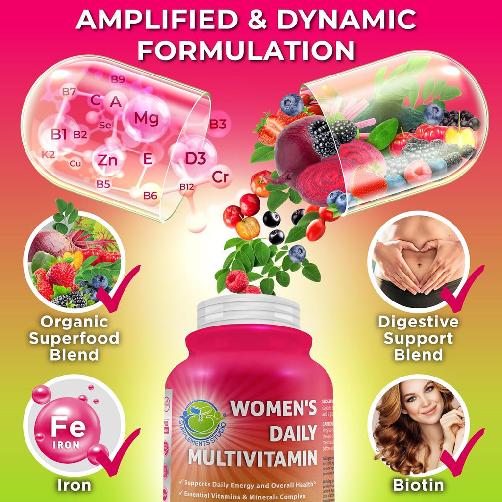 Women's Daily Multivitamin with Iron - Vegan Methylated Multivitamin for Women with Biotin, Organic Superfoods, Probiotics, B-Complex - Energy, Gut & Optimal Health Support – Easy to Swallow Capsules