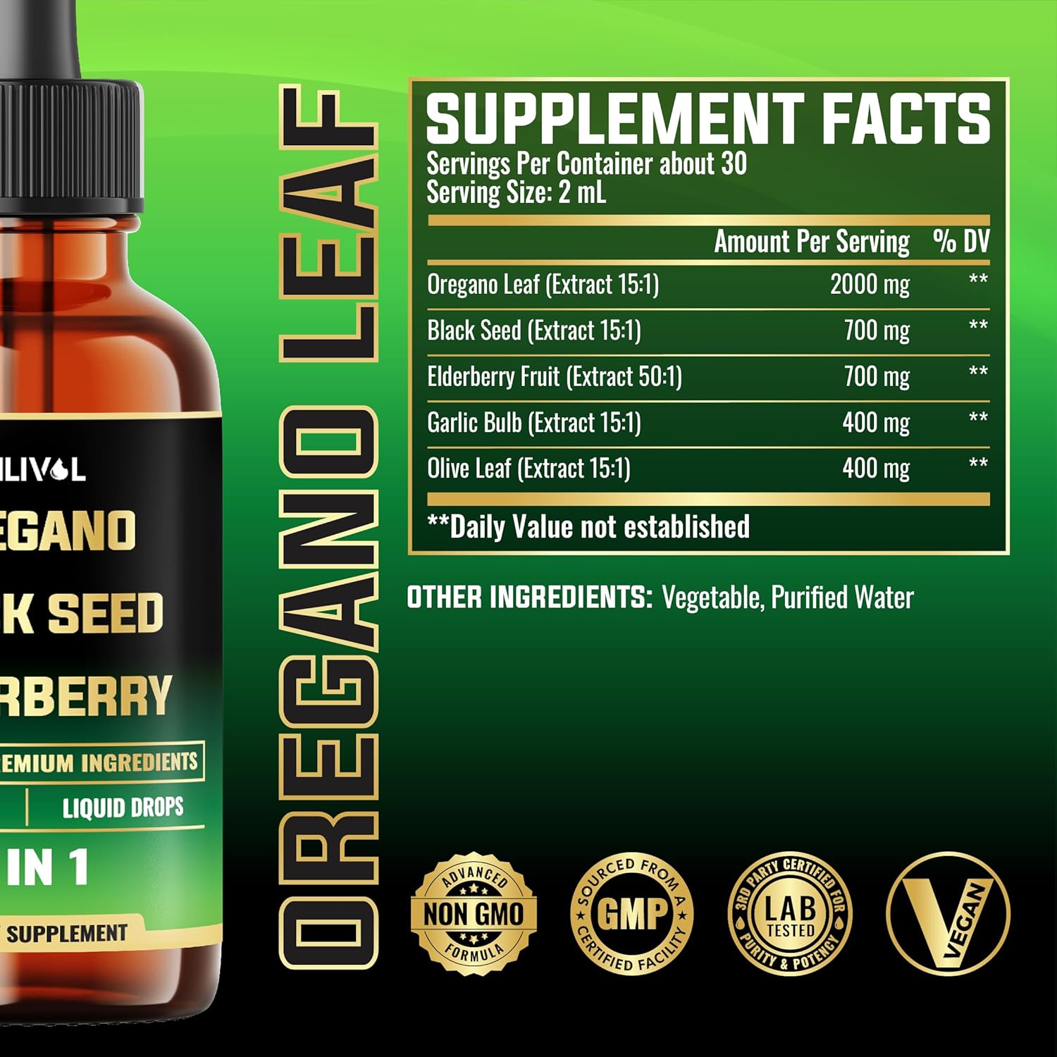 5in1 Oregano Oil Liquid Drops with Black Seed, Elderberry, Garlic, Olive Leaf - Wellness Support Supplement - 2 Fl Oz