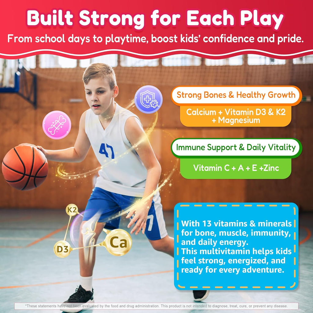 Kids Multivitamin Gummies + Omega 3(DHA/EPA), Methylated Multivitamin for Kids + Iron, Choline, Probiotic, Vitamins A C D3 K2 E, Methylfolate, B6, B12 for Growth, Immune, Bone, Brain, No Sugar, 60 Cts