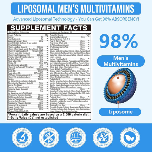 2 Pack 60-IN-1 Liposomal Methylated Multivitamin Gummy for Men Overall 4500MG+,Vitamin A C D3 K E B Complex ,Probiotics,Omega 3,CoQ10,Zinc,120+ Nutrients,for Immune,Heart and Digestive Wellness