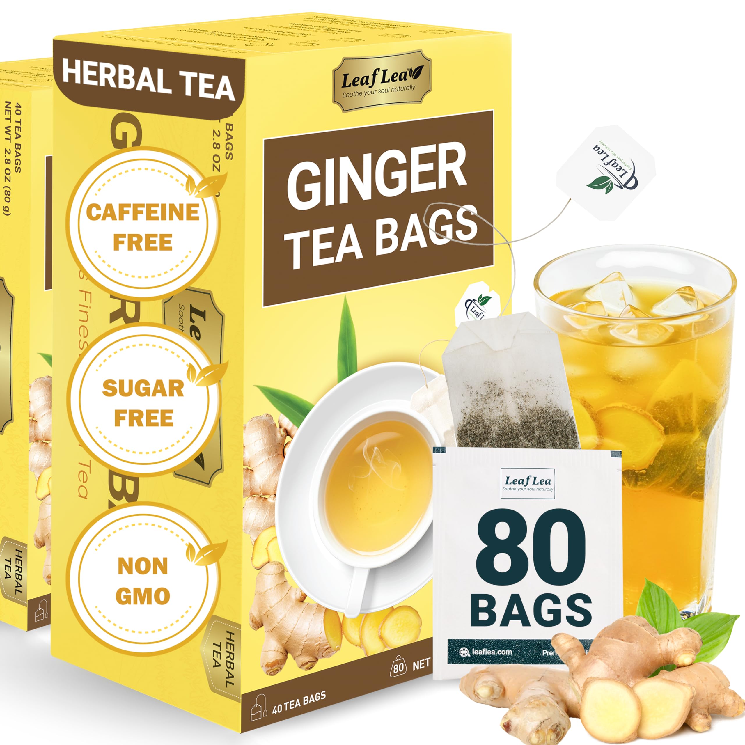 LeafLea 40 Turmeric Ginger Cinnamon Tea Bags, 100% Natural Ingredients Herbal Tea, Turmeric Ginger Herbal Blend for Wellness, Vegan, No Sugar, Caffeine-Free, Individually Wrapped for Freshness