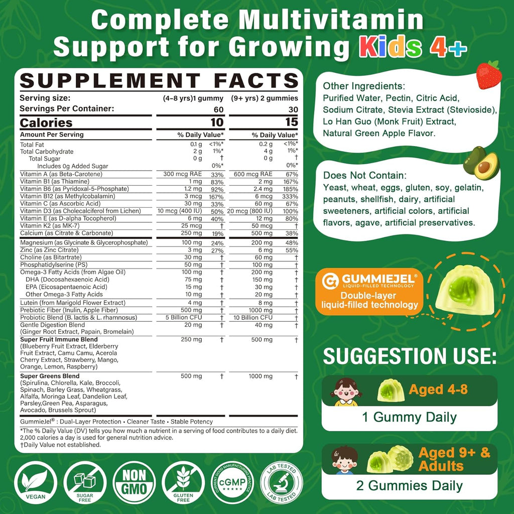 Kids Multivitamin Gummies, 20+ Super Greens Fruit Veggies Supplement Superfood Daily Fiber Gummies for Picky Eater with Probiotics Kids Gummy Vitamins & Minerals for Growth, Gut, Immune Support, 60Cts