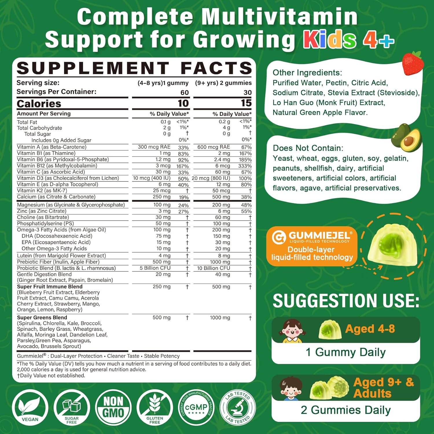 Kids Multivitamin Gummies, 20+ Super Greens Fruit Veggies Supplement Superfood Daily Fiber Gummies for Picky Eater with Probiotics Kids Gummy Vitamins & Minerals for Growth, Gut, Immune Support, 60Cts