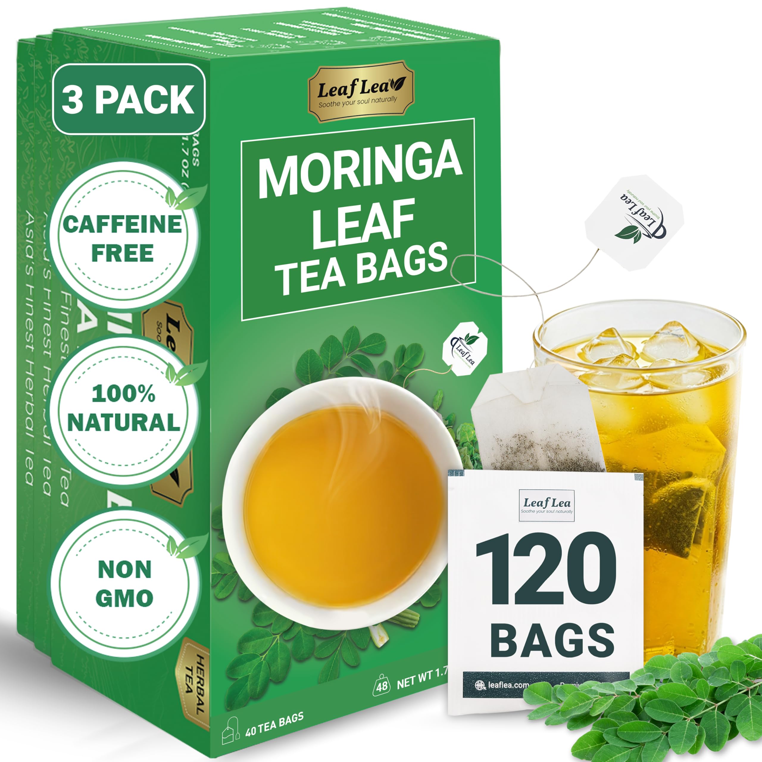 LeafLea 40 Turmeric Ginger Cinnamon Tea Bags, 100% Natural Ingredients Herbal Tea, Turmeric Ginger Herbal Blend for Wellness, Vegan, No Sugar, Caffeine-Free, Individually Wrapped for Freshness