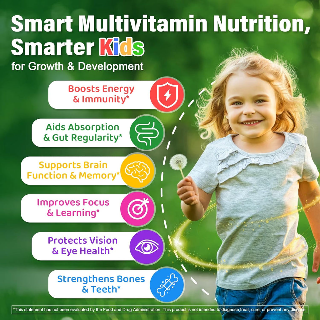 Kids Multivitamin Gummies, 20+ Super Greens Fruit Veggies Supplement Superfood Daily Fiber Gummies for Picky Eater with Probiotics Kids Gummy Vitamins & Minerals for Growth, Gut, Immune Support, 60Cts
