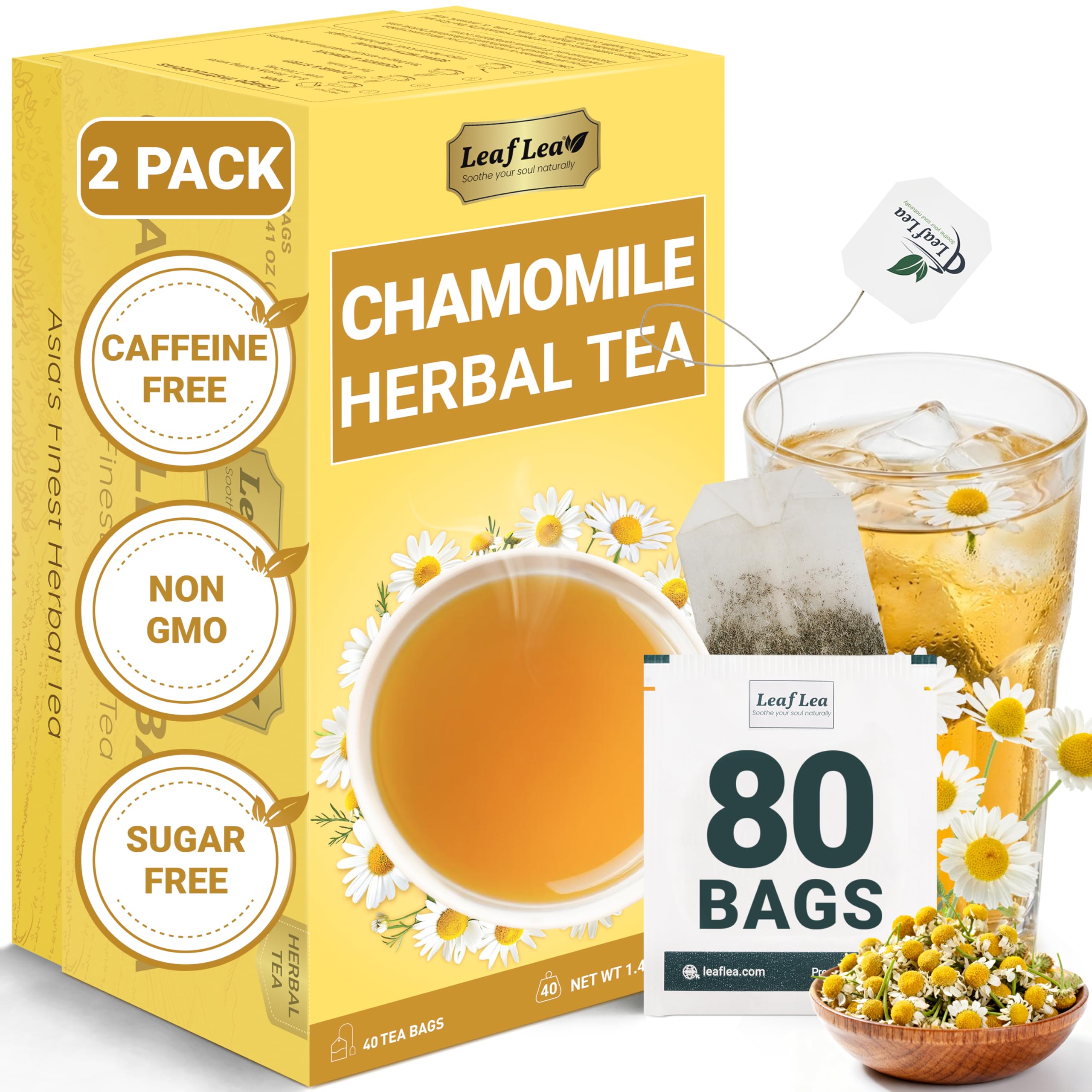 LeafLea 40 Turmeric Ginger Cinnamon Tea Bags, 100% Natural Ingredients Herbal Tea, Turmeric Ginger Herbal Blend for Wellness, Vegan, No Sugar, Caffeine-Free, Individually Wrapped for Freshness