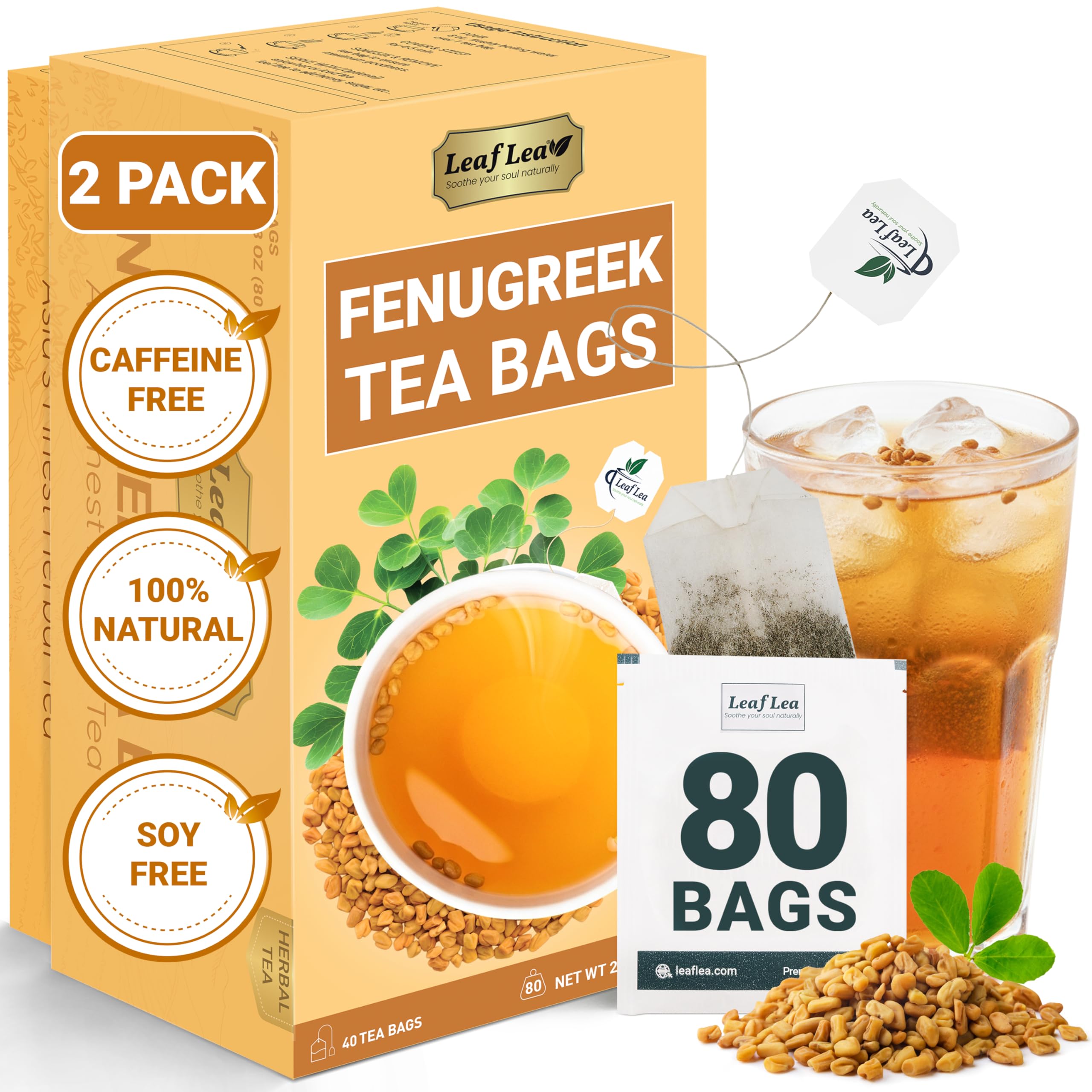 LeafLea 40 Turmeric Ginger Cinnamon Tea Bags, 100% Natural Ingredients Herbal Tea, Turmeric Ginger Herbal Blend for Wellness, Vegan, No Sugar, Caffeine-Free, Individually Wrapped for Freshness