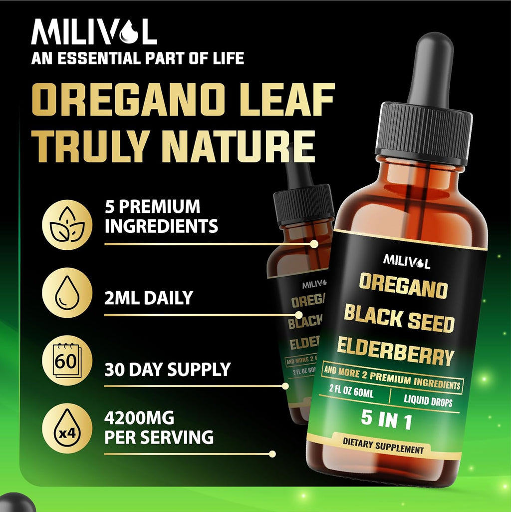 5in1 Oregano Oil Liquid Drops with Black Seed, Elderberry, Garlic, Olive Leaf - Wellness Support Supplement - 2 Fl Oz