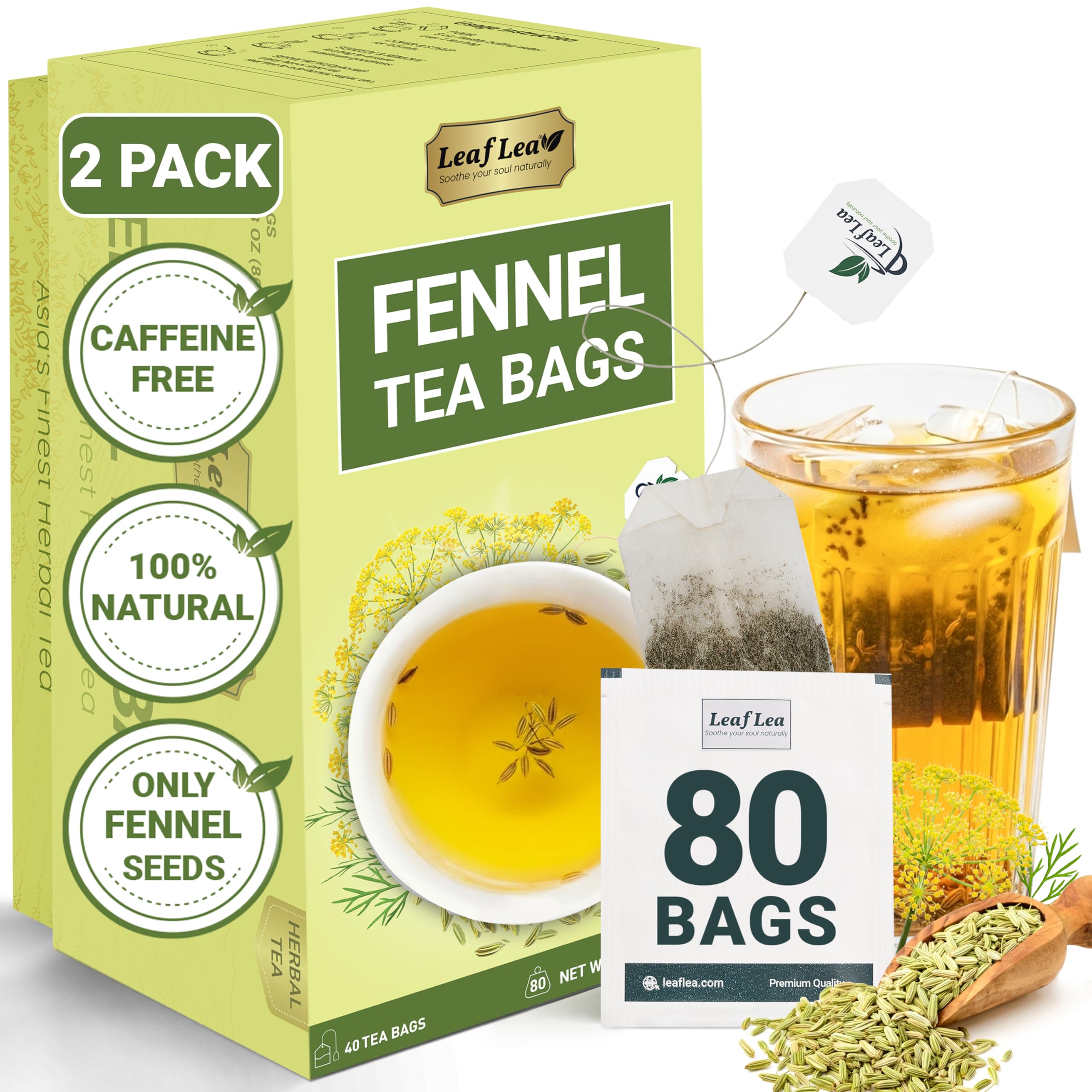LeafLea 40 Turmeric Ginger Cinnamon Tea Bags, 100% Natural Ingredients Herbal Tea, Turmeric Ginger Herbal Blend for Wellness, Vegan, No Sugar, Caffeine-Free, Individually Wrapped for Freshness