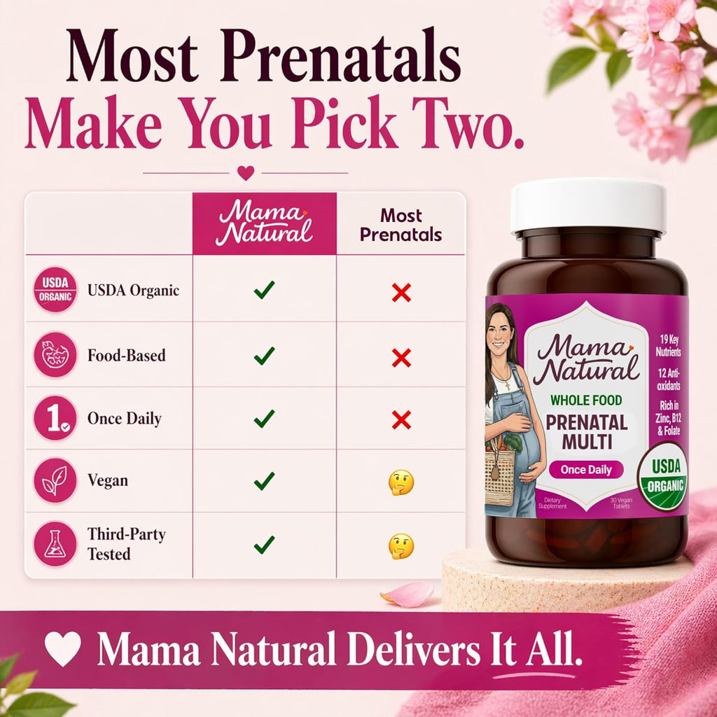 Mama Natural Organic Prenatal Vitamins for Women Vegan (30 Servings) | One A Day Prenatal Vitamins for Pregnant Women | Food Based, Non-GMO & Gluten-Free - Pre Natal Multivitamin with Folate