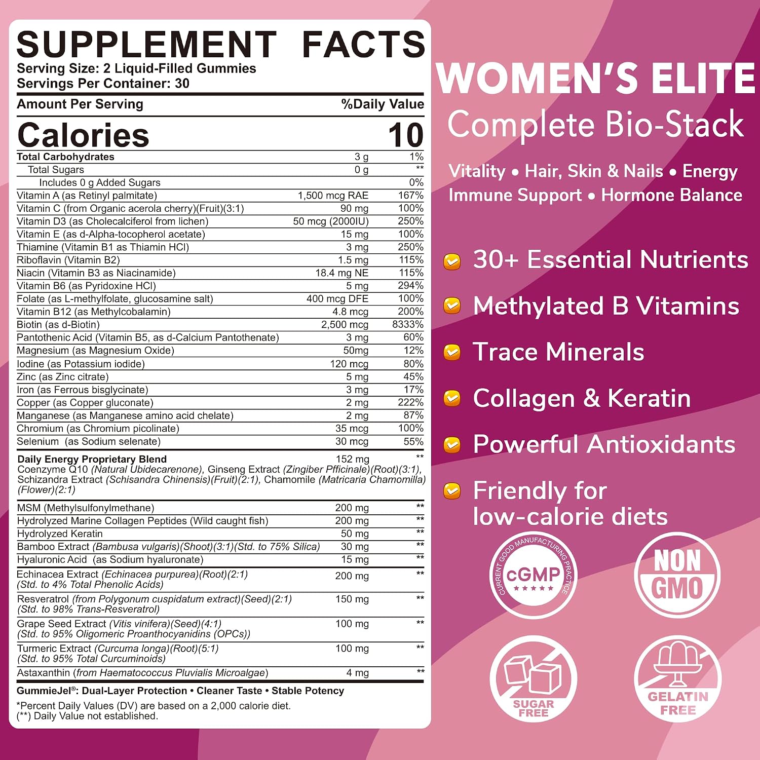 Womens Multivitamin Gummy, Methylated Multivitamin for Women, GLP-1 Friendly, Biotin, Iron, Collagen, Methylfolate, B Complex, Women's Complete Support, Hair Skin and Nails Vitamins, No Sugar, 60 Cts