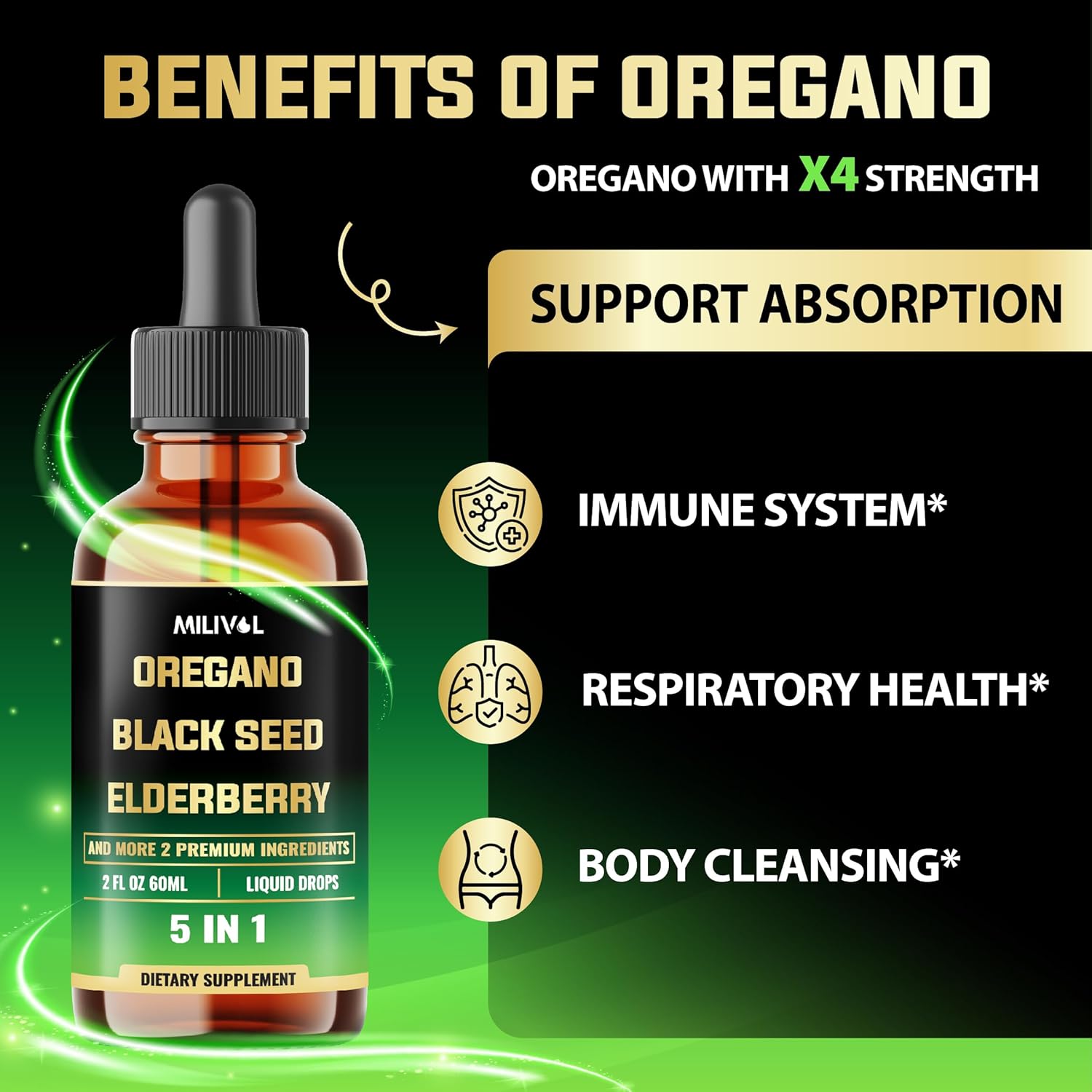 5in1 Oregano Oil Liquid Drops with Black Seed, Elderberry, Garlic, Olive Leaf - Wellness Support Supplement - 2 Fl Oz