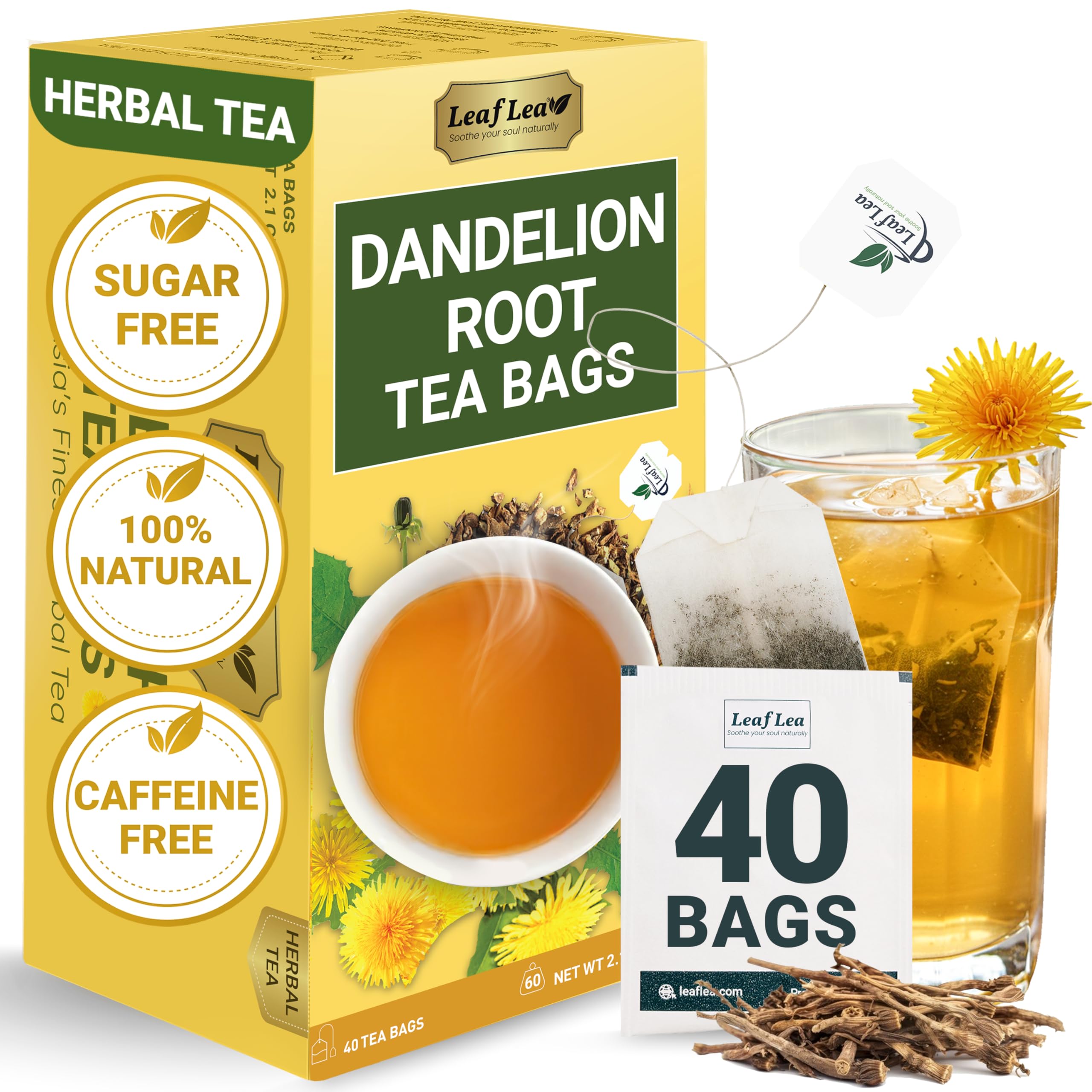 LeafLea 40 Turmeric Ginger Cinnamon Tea Bags, 100% Natural Ingredients Herbal Tea, Turmeric Ginger Herbal Blend for Wellness, Vegan, No Sugar, Caffeine-Free, Individually Wrapped for Freshness