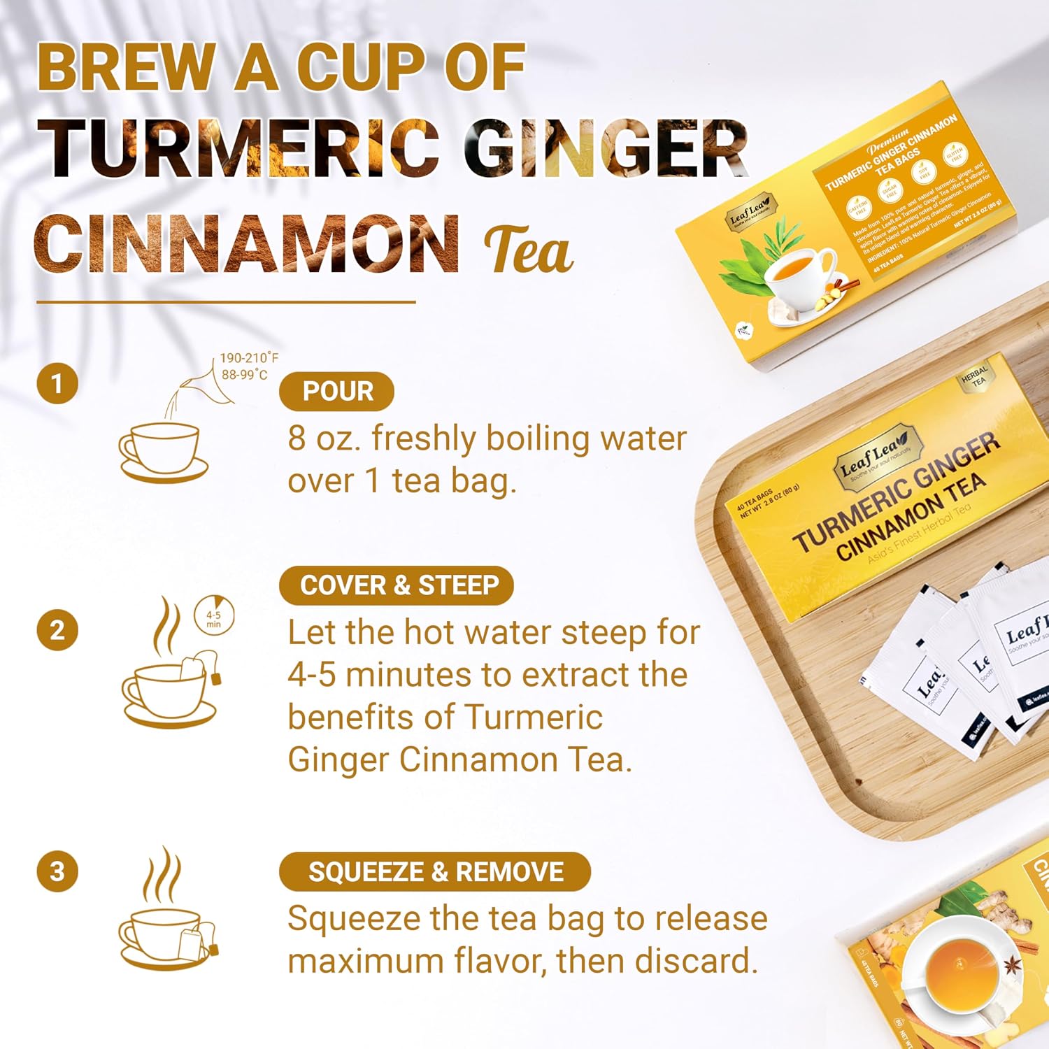 LeafLea 40 Turmeric Ginger Cinnamon Tea Bags, 100% Natural Ingredients Herbal Tea, Turmeric Ginger Herbal Blend for Wellness, Vegan, No Sugar, Caffeine-Free, Individually Wrapped for Freshness