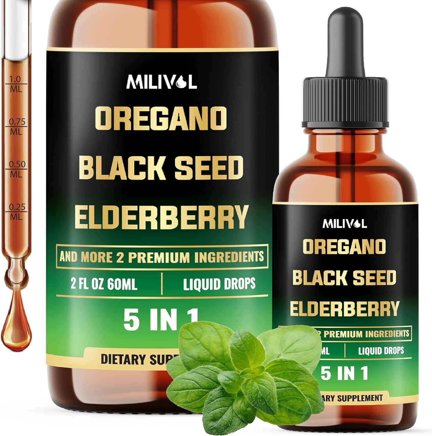 5in1 Oregano Oil Liquid Drops with Black Seed, Elderberry, Garlic, Olive Leaf - Wellness Support Supplement - 2 Fl Oz