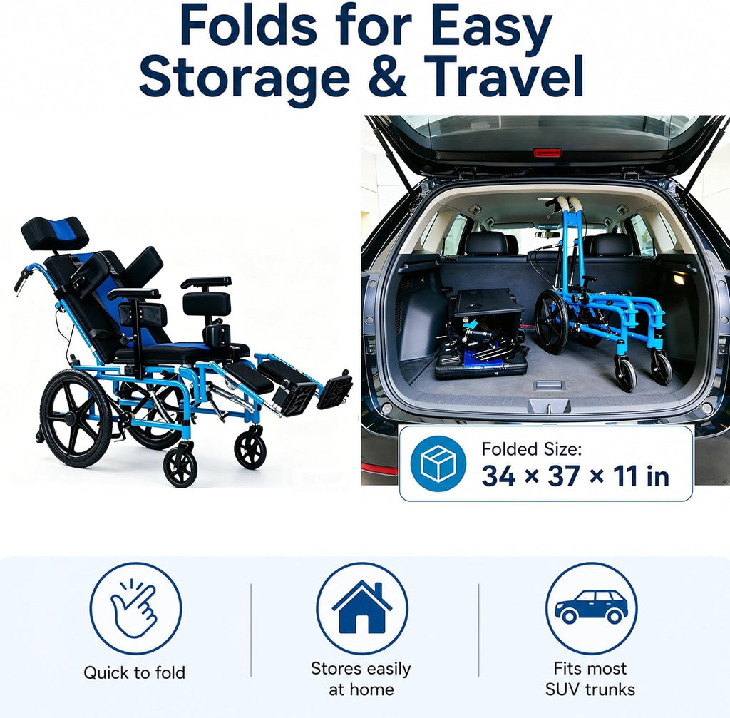 Full Reclining Pediatric Wheelchair – Heavy Duty Folding Kids Wheelchair with Headrest, Meal Tray & Elevating Footrest, Medical Mobility Chair for Home, Travel & Rehabilitation (Blue)