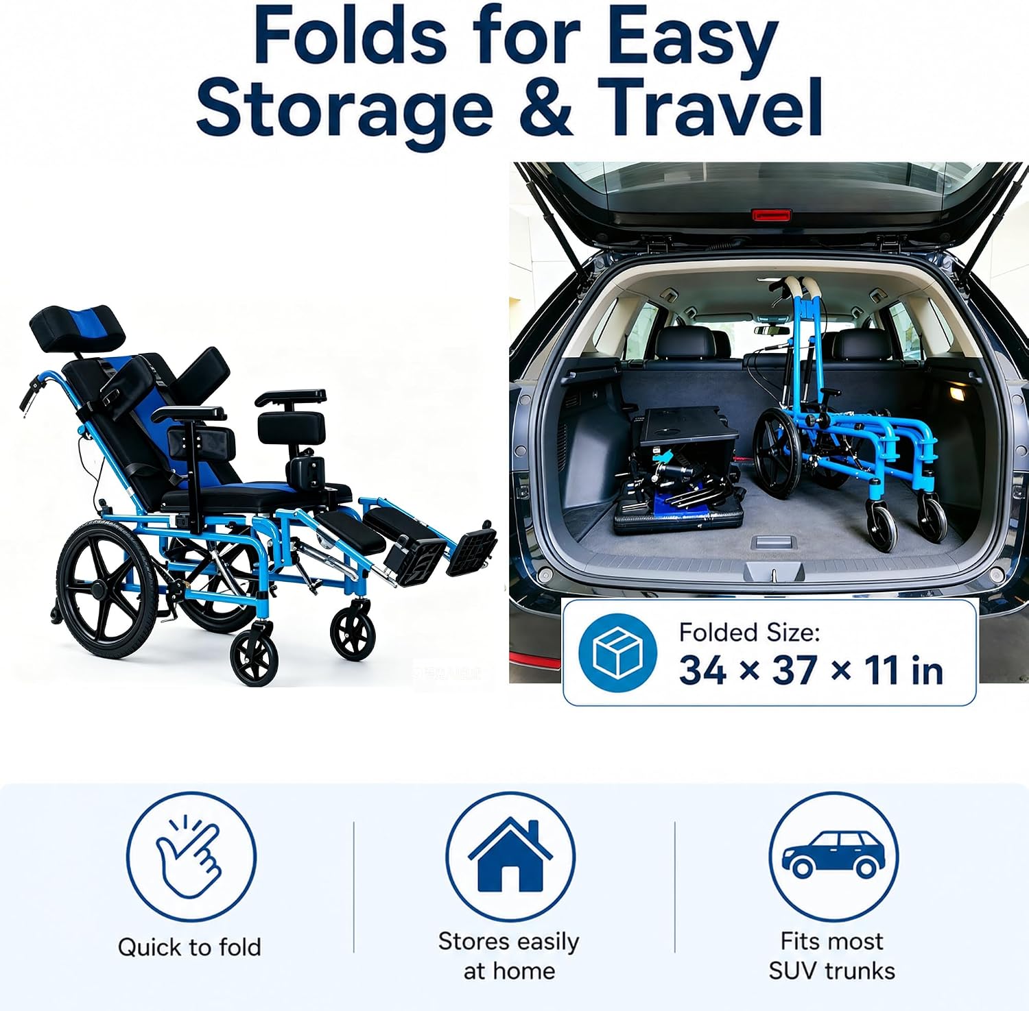 Full Reclining Pediatric Wheelchair – Heavy Duty Folding Kids Wheelchair with Headrest, Meal Tray & Elevating Footrest, Medical Mobility Chair for Home, Travel & Rehabilitation (Blue)