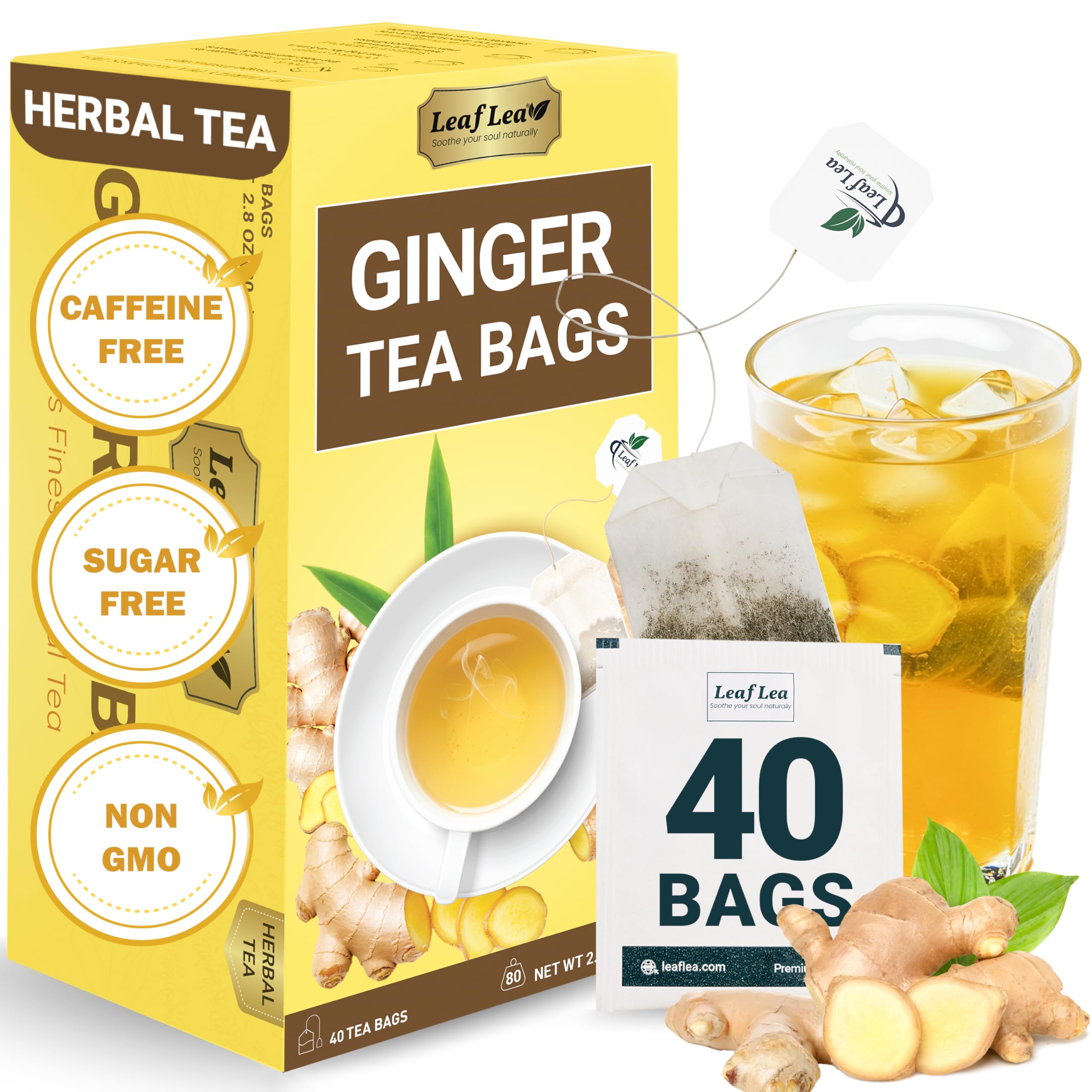 LeafLea 40 Turmeric Ginger Cinnamon Tea Bags, 100% Natural Ingredients Herbal Tea, Turmeric Ginger Herbal Blend for Wellness, Vegan, No Sugar, Caffeine-Free, Individually Wrapped for Freshness