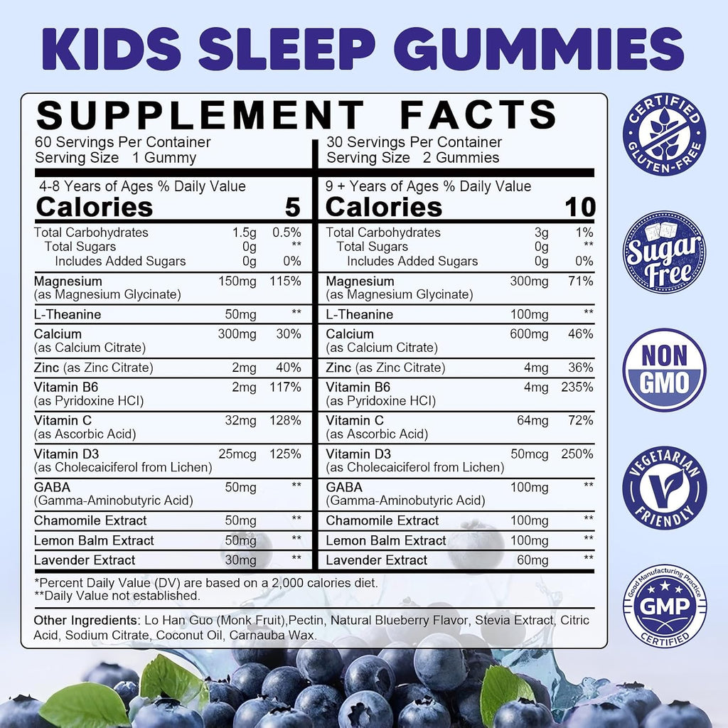 Kids Sleep Gummies - with Magnesium Glycinate, Lemon Balm, L-Theanine & GABA - Calming Relaxation, Support Natural Sleep, Quiet Mind - Berry Flavor, Non-Habit Forming