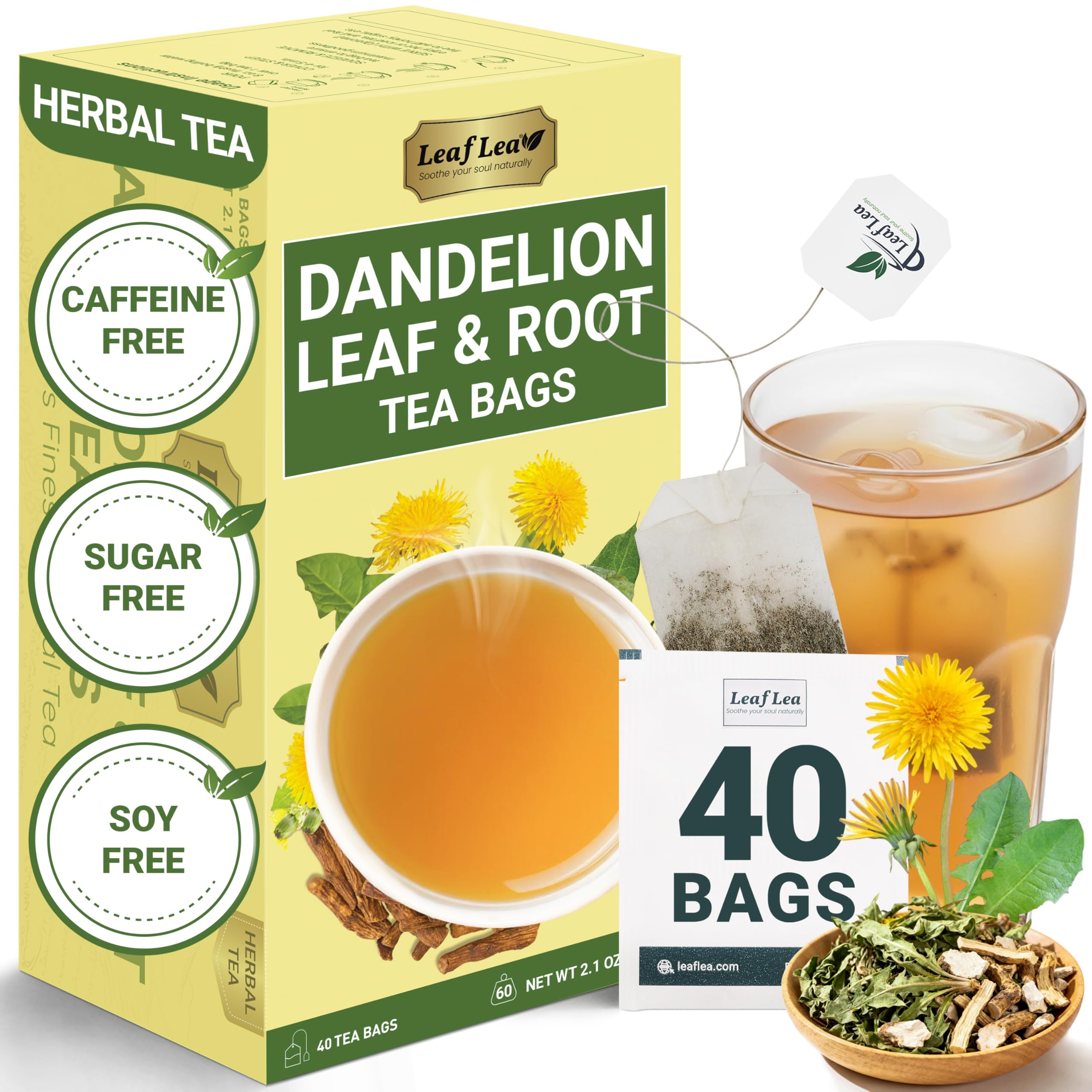 LeafLea 40 Turmeric Ginger Cinnamon Tea Bags, 100% Natural Ingredients Herbal Tea, Turmeric Ginger Herbal Blend for Wellness, Vegan, No Sugar, Caffeine-Free, Individually Wrapped for Freshness