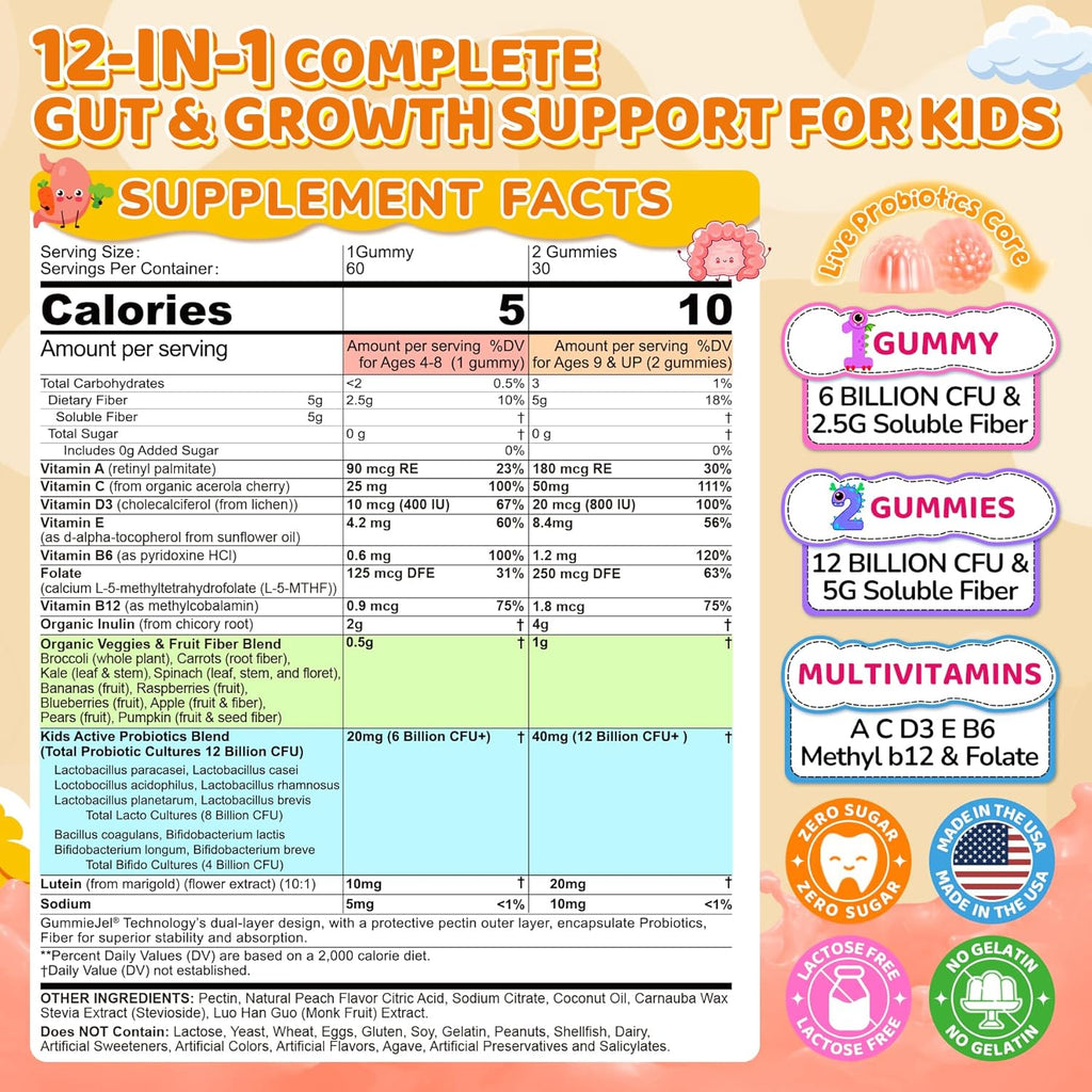 Kids Probiotic + Prebiotic Fiber Gummies 5G, 12 Billion CFU Probiotic & Veggie Fruit Fiber, w/ Organic Inulin, Methyl B12 B6 D3 C, Lutein for Children's Digestive & Gut, Immune Health, Sugar Free,60Ct