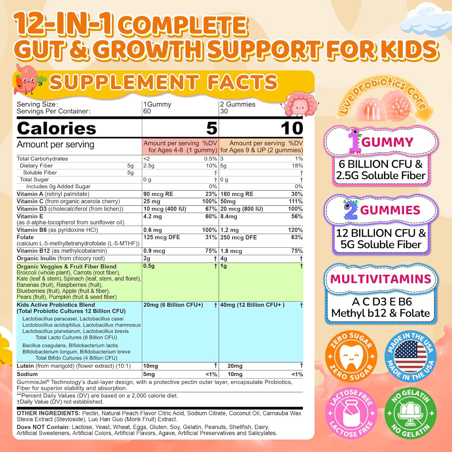 Kids Probiotic + Prebiotic Fiber Gummies 5G, 12 Billion CFU Probiotic & Veggie Fruit Fiber, w/ Organic Inulin, Methyl B12 B6 D3 C, Lutein for Children's Digestive & Gut, Immune Health, Sugar Free,60Ct