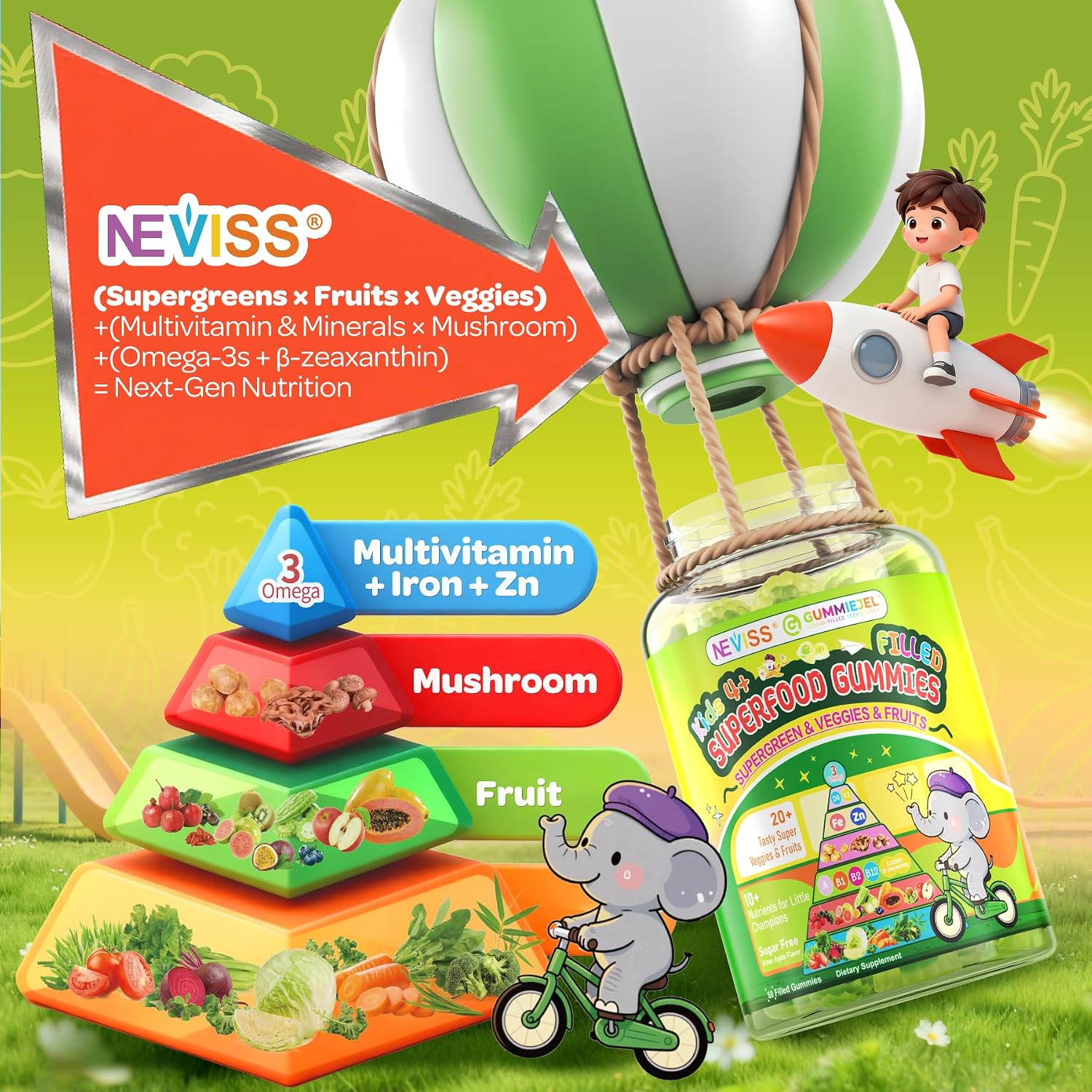 NEVISS Kids Teens Ages 4–17 Multivitamin with Iron Omega3 D3K2, Picky Eater Vitamin Super Greens Gummies, Boys Girls Organic Fruits Veggies Superfood Gummy, Mushroom | Immune Bone Brain, Sugar Free