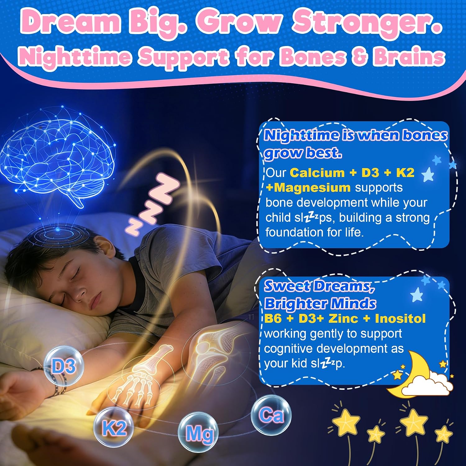 Kids 4+ Melatonin Free Sleep Aid Gummies + Magnesium Glycinate + Saffron + Calcium, D3+K2, Inositol-Kids Sleep Gummies Nighttime Multivitamin Support Calm Mood, Brain, Bone & Immune, Sugar Free, 2Pack