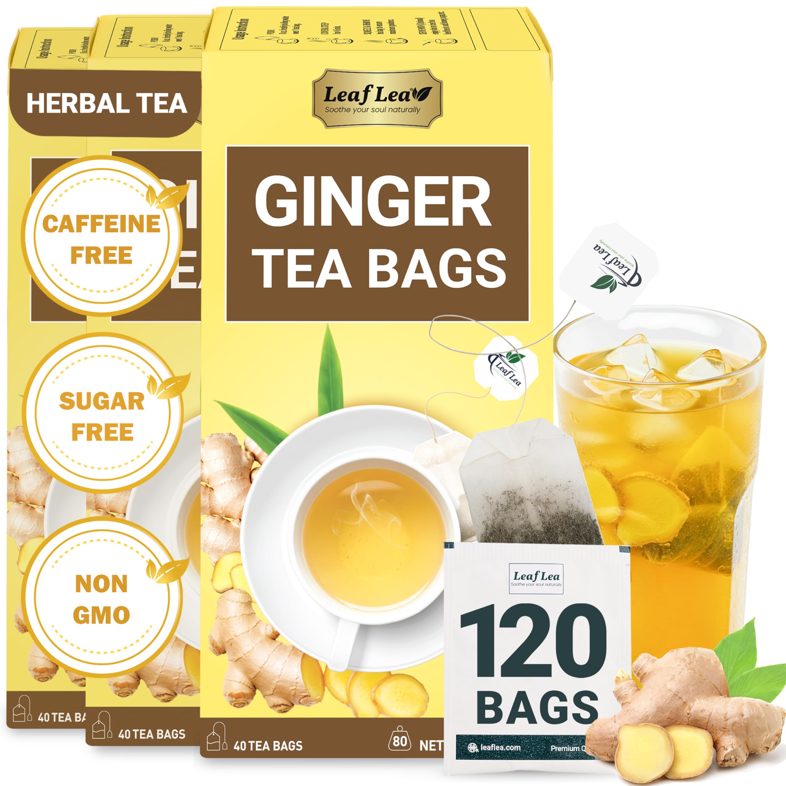 LeafLea 40 Turmeric Ginger Cinnamon Tea Bags, 100% Natural Ingredients Herbal Tea, Turmeric Ginger Herbal Blend for Wellness, Vegan, No Sugar, Caffeine-Free, Individually Wrapped for Freshness