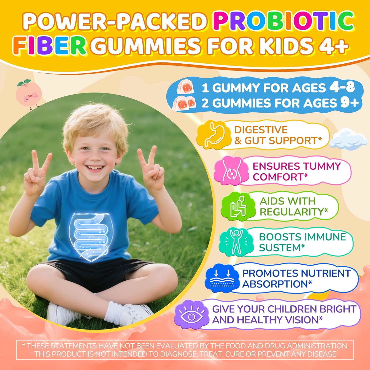 Kids Probiotic + Prebiotic Fiber Gummies 5G, 12 Billion CFU Probiotic & Veggie Fruit Fiber, w/ Organic Inulin, Methyl B12 B6 D3 C, Lutein for Children's Digestive & Gut, Immune Health, Sugar Free,60Ct