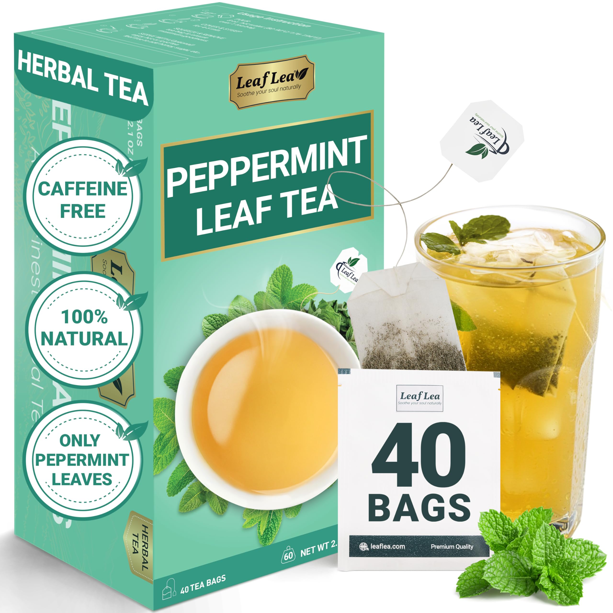 LeafLea 40 Turmeric Ginger Cinnamon Tea Bags, 100% Natural Ingredients Herbal Tea, Turmeric Ginger Herbal Blend for Wellness, Vegan, No Sugar, Caffeine-Free, Individually Wrapped for Freshness