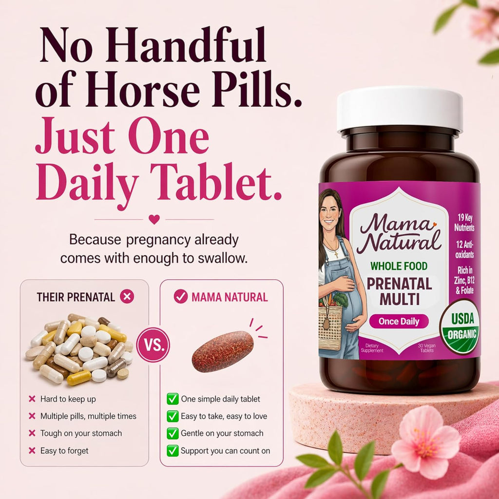 Mama Natural Organic Prenatal Vitamins for Women Vegan (30 Servings) | One A Day Prenatal Vitamins for Pregnant Women | Food Based, Non-GMO & Gluten-Free - Pre Natal Multivitamin with Folate