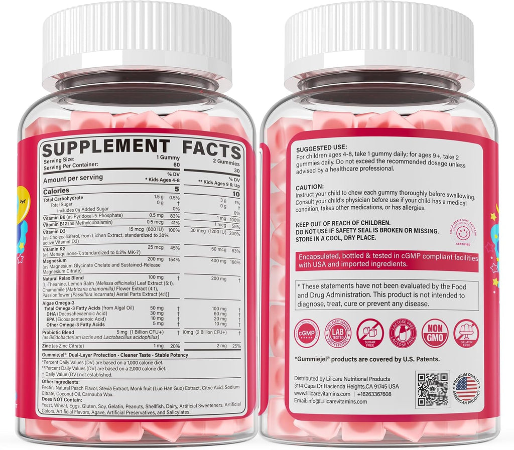 Kids Calm Magnesium Glycinate Gummies, Natural Kids Calming Supplement w/Magnesium Citrate, L-Theanine & Chamomile, Omega-3, D3 B12, Support Calm Mind, Sl-eep, Focus, Muscle Relax, Sugar-Free, 60 Cts