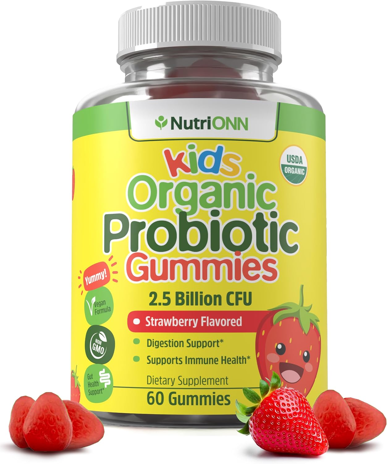 NutriONN Organic Kids Probiotic Gummies - USDA Organic Chewable Probiotics for Kids - 60 Delicious Gummies - Child Digestive, Immune Support & Gut Health Supplement - Vegan & Non-GMO