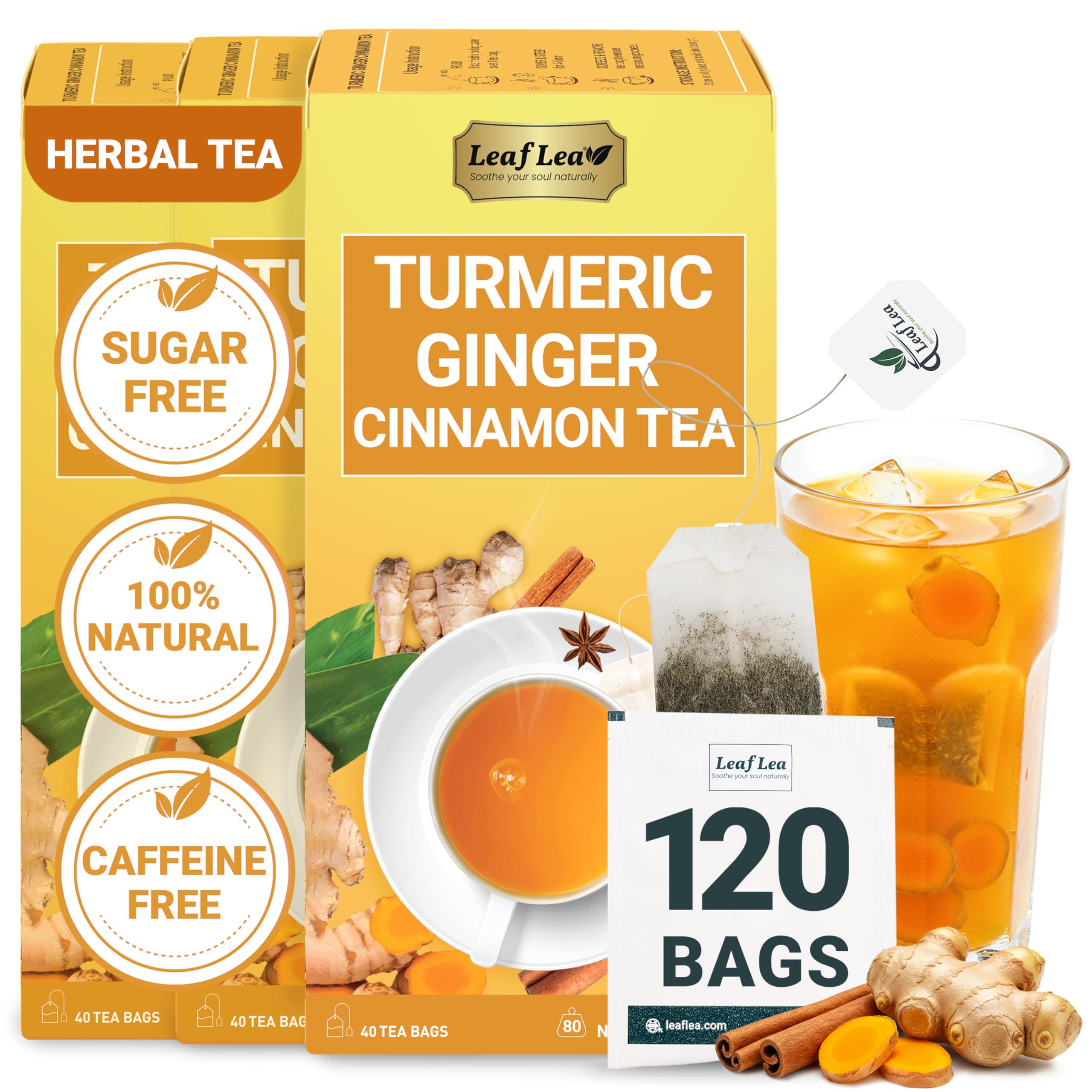 LeafLea 40 Turmeric Ginger Cinnamon Tea Bags, 100% Natural Ingredients Herbal Tea, Turmeric Ginger Herbal Blend for Wellness, Vegan, No Sugar, Caffeine-Free, Individually Wrapped for Freshness