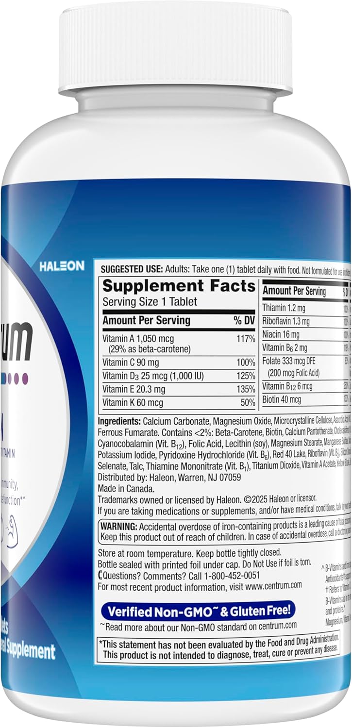 Centrum Multivitamin for Men, Multivitamin/Multimineral Supplement with Vitamin D3, B Vitamins and Antioxidants, Gluten Free, Non-GMO Ingredients -Tablet 200 Count