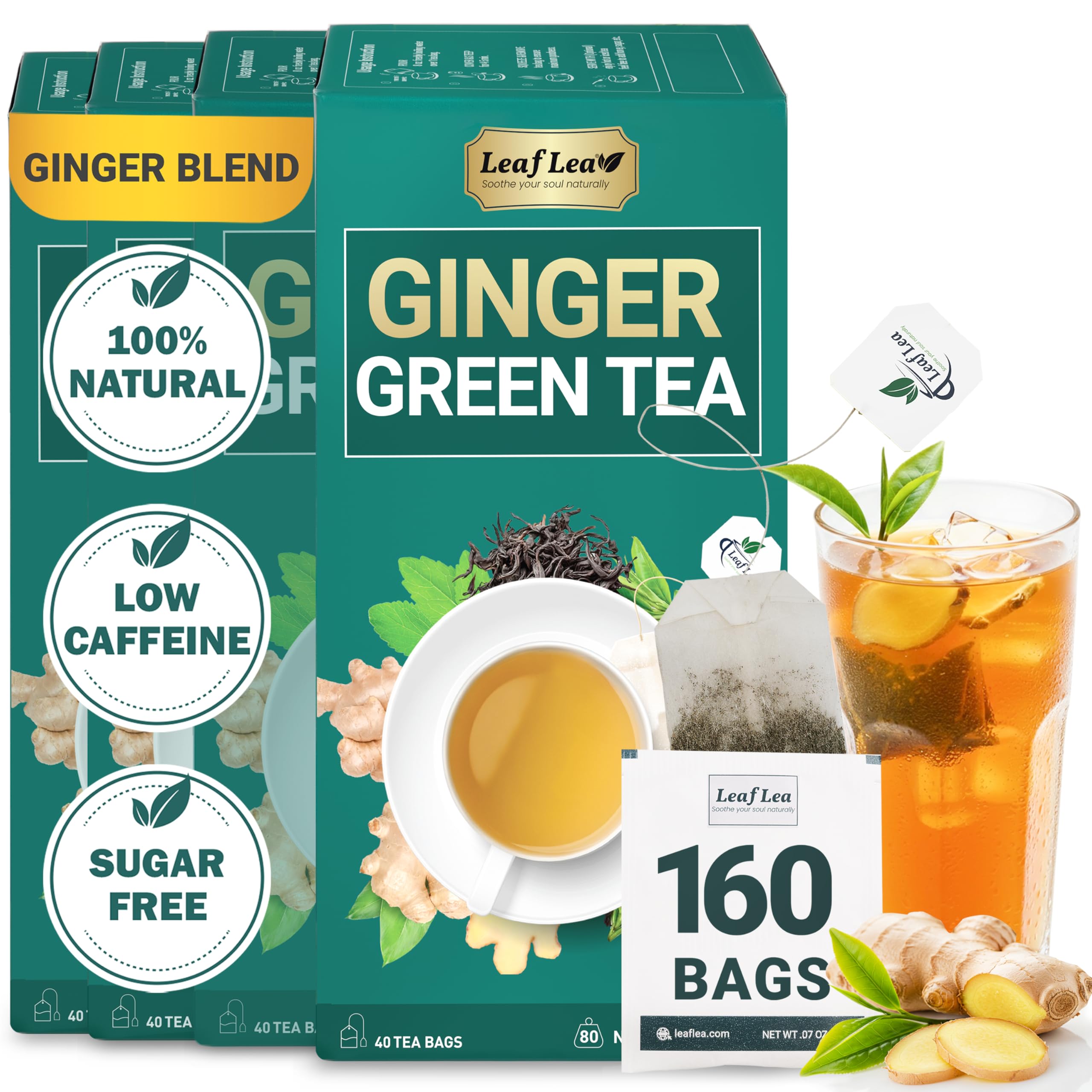 LeafLea 40 Turmeric Ginger Cinnamon Tea Bags, 100% Natural Ingredients Herbal Tea, Turmeric Ginger Herbal Blend for Wellness, Vegan, No Sugar, Caffeine-Free, Individually Wrapped for Freshness
