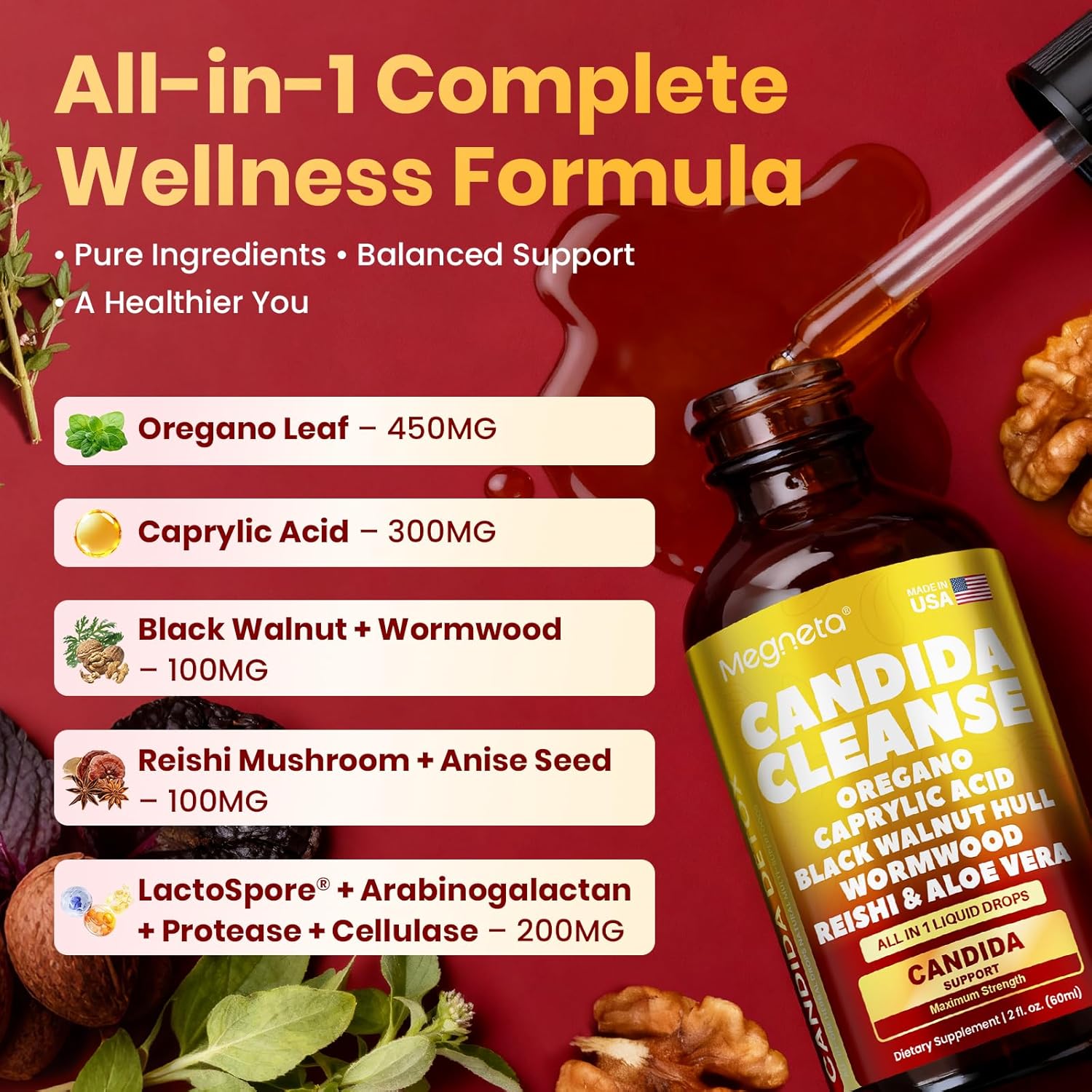 Candida Cleanse Detox with Triple-Targeting Technology, All-in-1 Synergy Formula with Caprylic Acid, Oregano, Black Walnut & Wormwood – Yeast Detox, Gut Health, Digestive & Immune Health (2 Fl Oz)