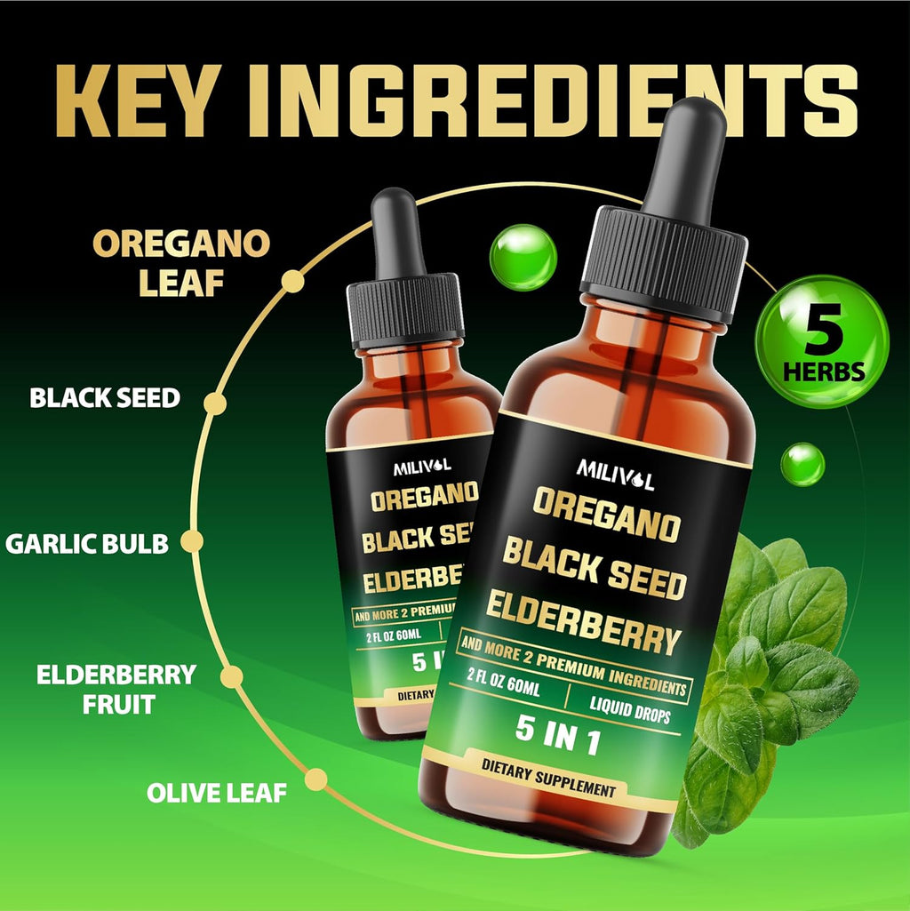 5in1 Oregano Oil Liquid Drops with Black Seed, Elderberry, Garlic, Olive Leaf - Wellness Support Supplement - 2 Fl Oz