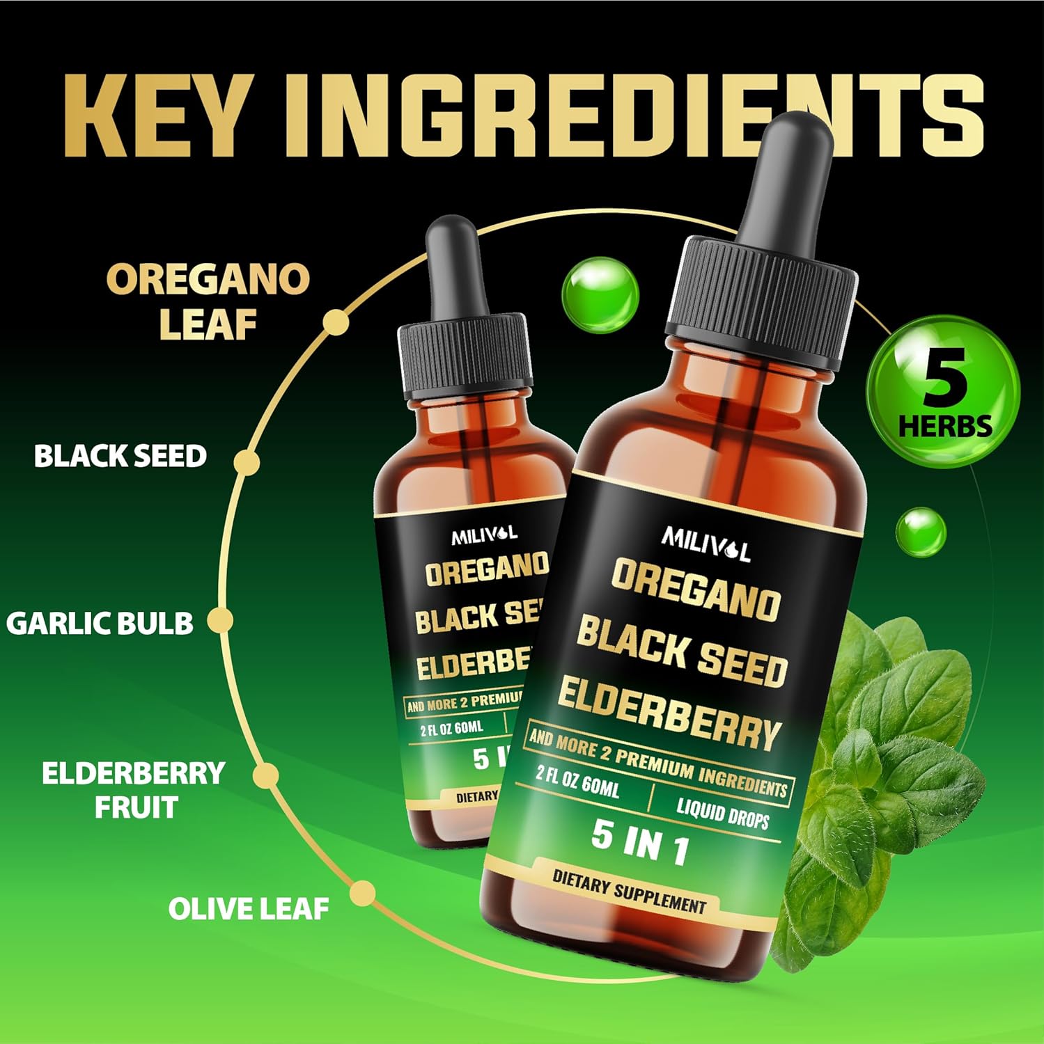 5in1 Oregano Oil Liquid Drops with Black Seed, Elderberry, Garlic, Olive Leaf - Wellness Support Supplement - 2 Fl Oz