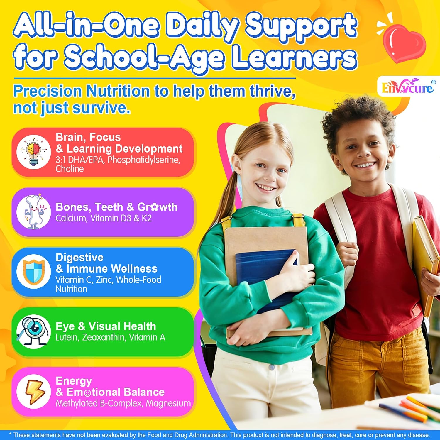 Kids Methylated Multivitamin Gummies with Omega 3 DHA/EPA, Methyl 12 & Folate, Lion's Mane Mushroom, Vitamin D3, C, Zinc, Magnesium, Picky Eater Vitamins Children 4+ for Brain, Focus, Sugar Free, 60Ct