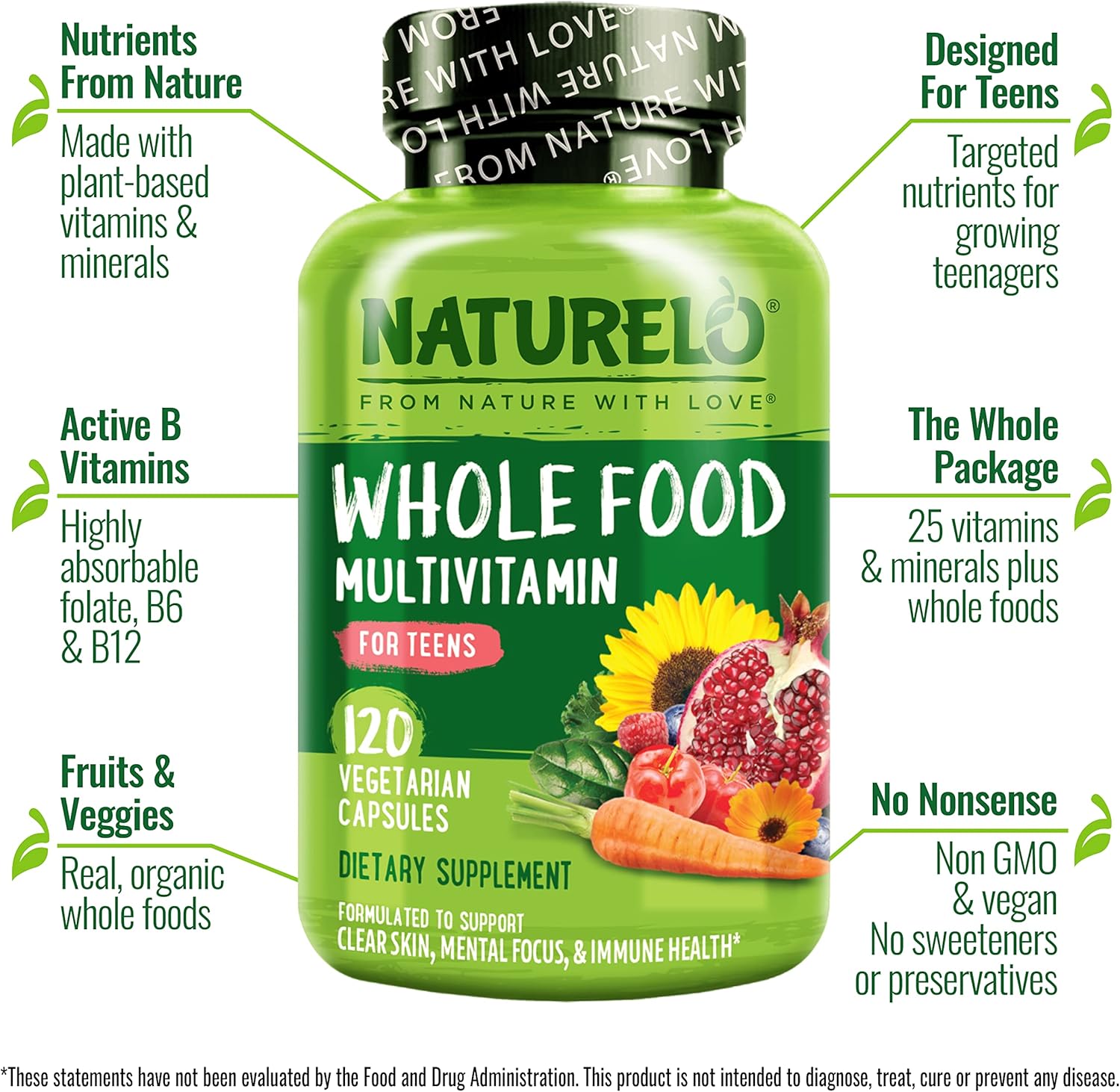 NATURELO Multivitamins for Teenage Girls/Boys, 120 Capsules, Whole Food Multivitamin with Minerals, Non-GMO, Vegetarian