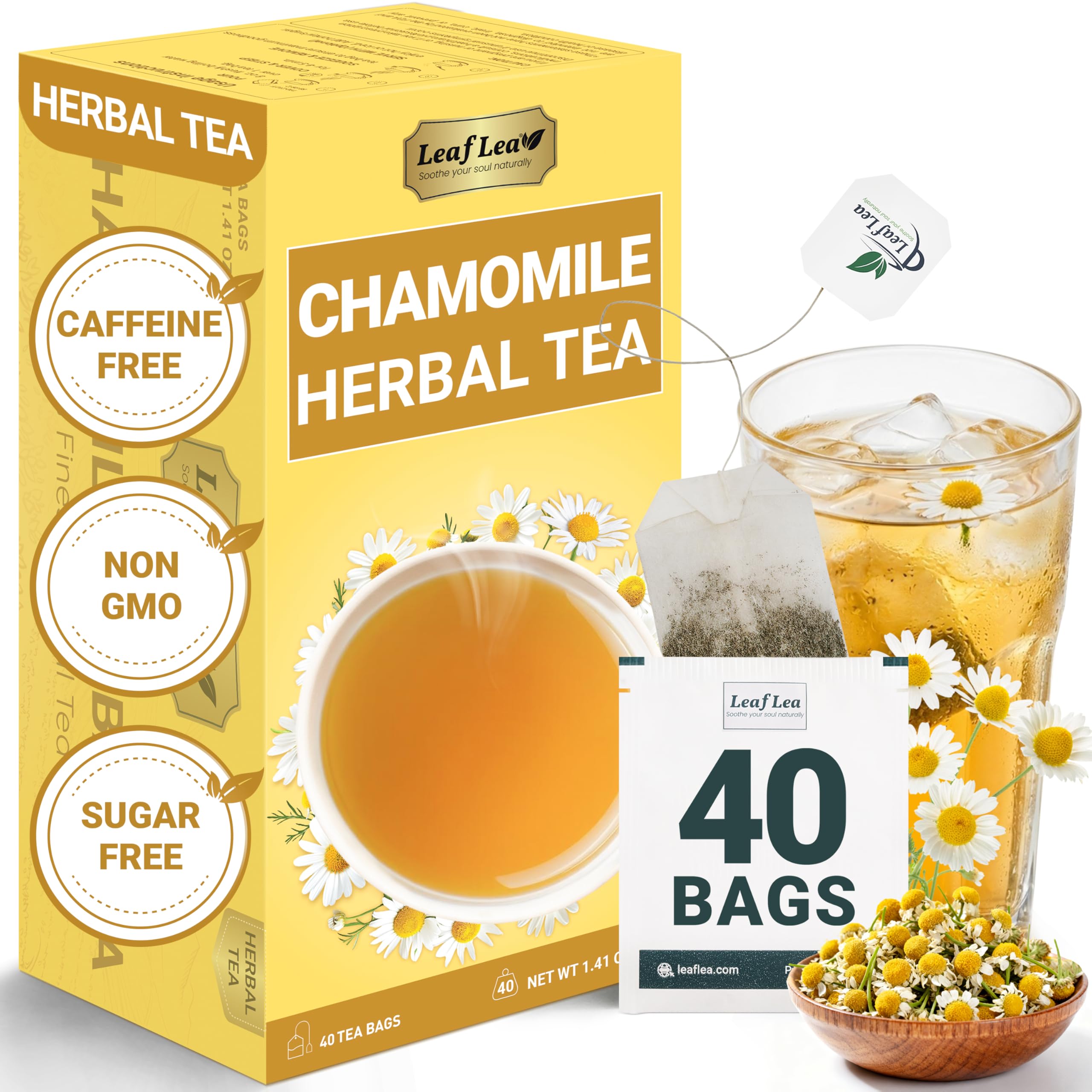 LeafLea 40 Turmeric Ginger Cinnamon Tea Bags, 100% Natural Ingredients Herbal Tea, Turmeric Ginger Herbal Blend for Wellness, Vegan, No Sugar, Caffeine-Free, Individually Wrapped for Freshness