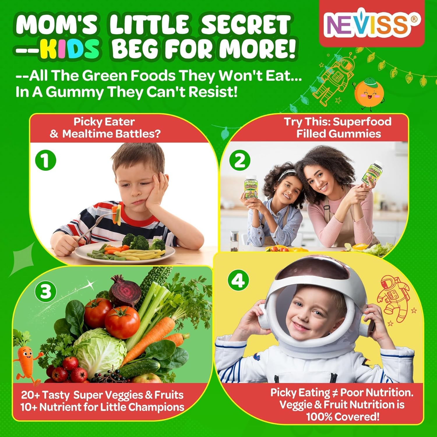 NEVISS Kids Teens Ages 4–17 Multivitamin with Iron Omega3 D3K2, Picky Eater Vitamin Super Greens Gummies, Boys Girls Organic Fruits Veggies Superfood Gummy, Mushroom | Immune Bone Brain, Sugar Free