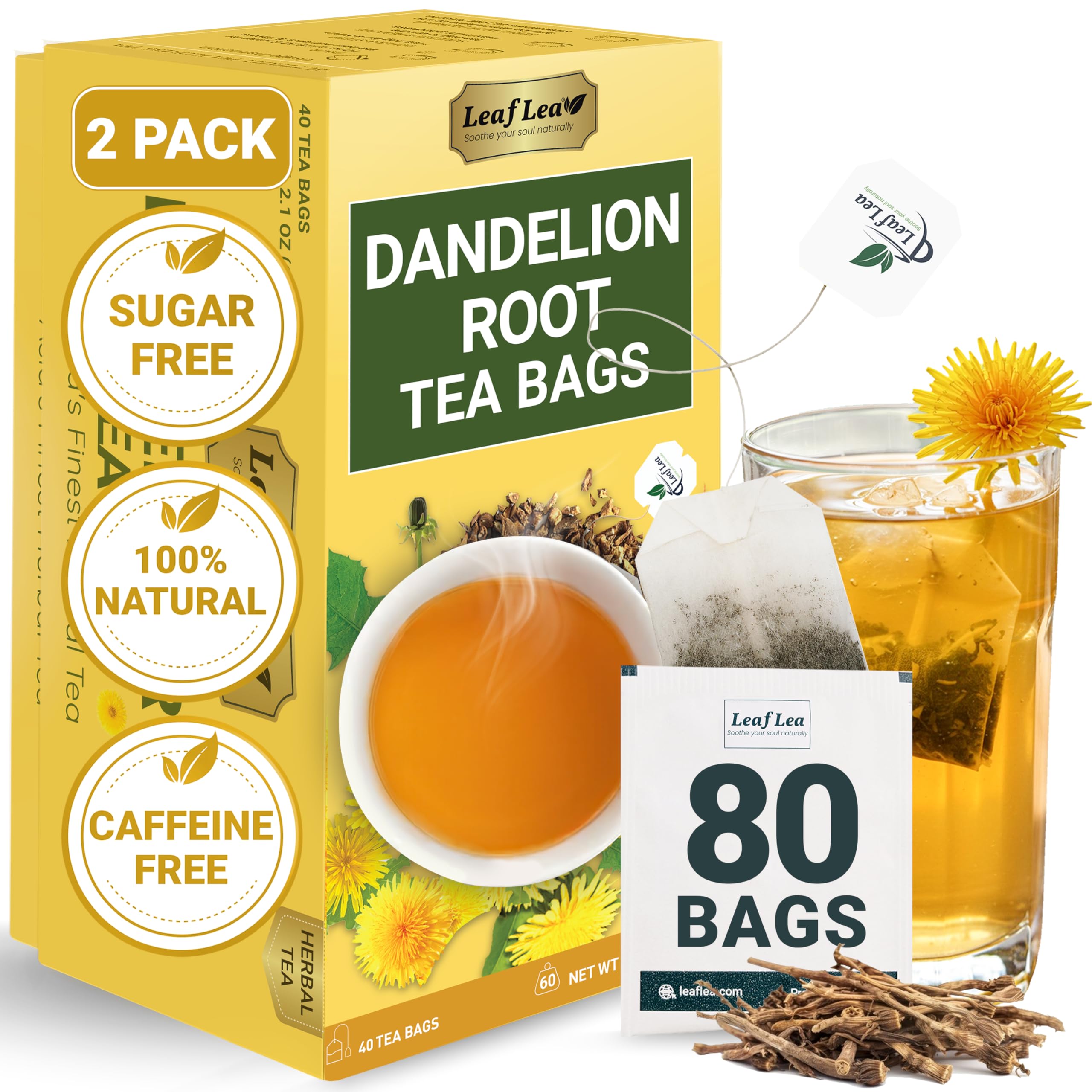 LeafLea 40 Turmeric Ginger Cinnamon Tea Bags, 100% Natural Ingredients Herbal Tea, Turmeric Ginger Herbal Blend for Wellness, Vegan, No Sugar, Caffeine-Free, Individually Wrapped for Freshness