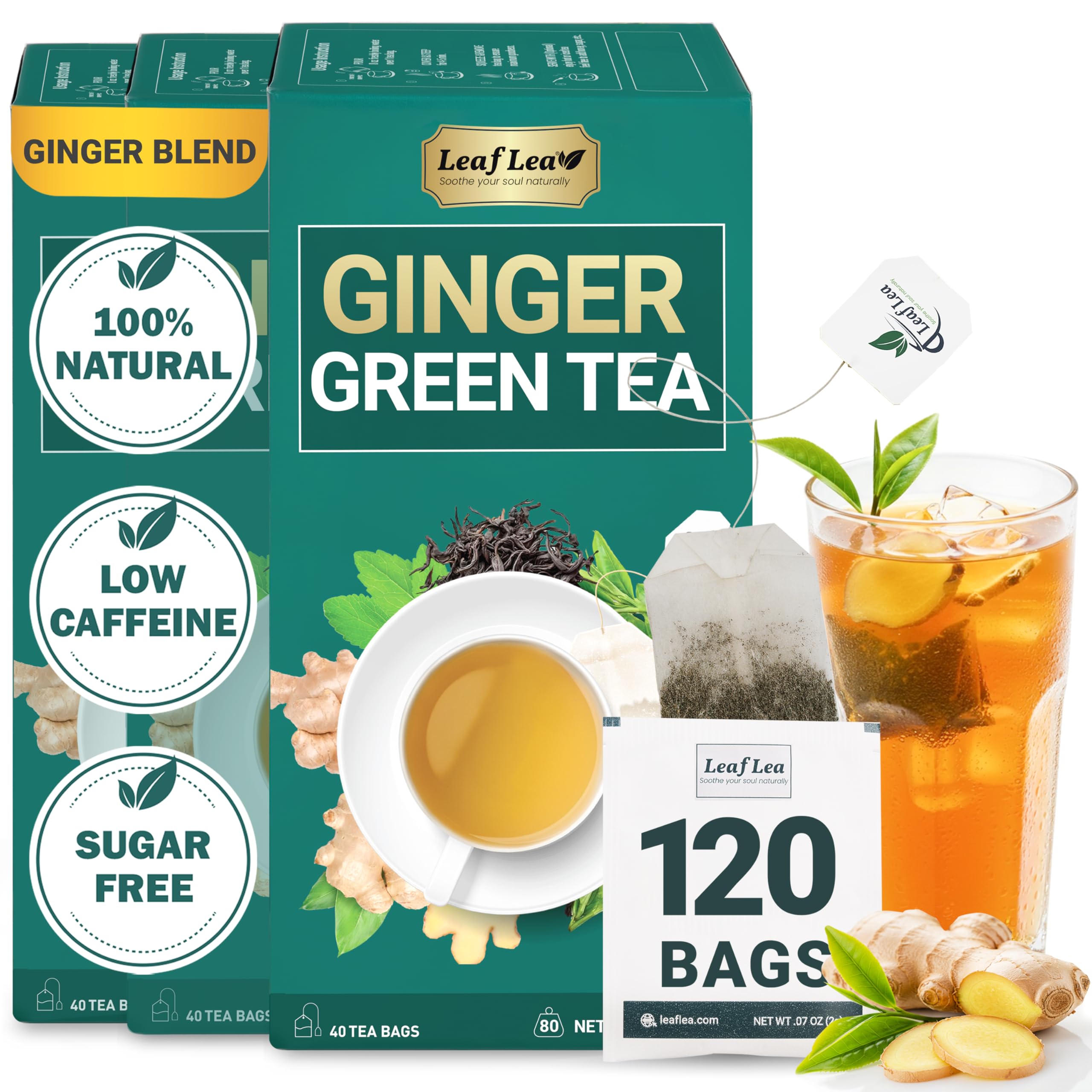LeafLea 40 Turmeric Ginger Cinnamon Tea Bags, 100% Natural Ingredients Herbal Tea, Turmeric Ginger Herbal Blend for Wellness, Vegan, No Sugar, Caffeine-Free, Individually Wrapped for Freshness