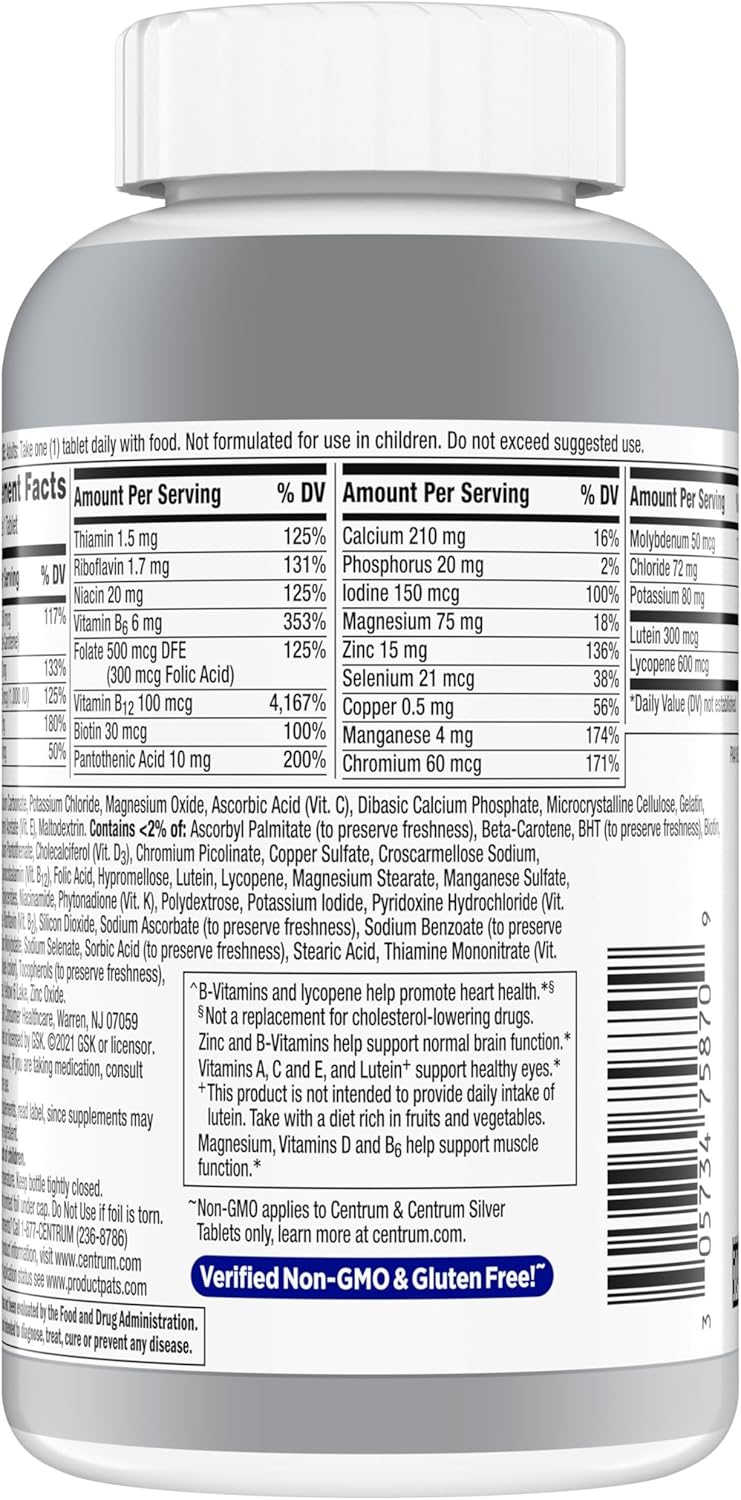 Centrum Silver Men's 50+ Multivitamin with Vitamin D3, B-Vitamins, Zinc for Memory and Cognition - 200 Tablets