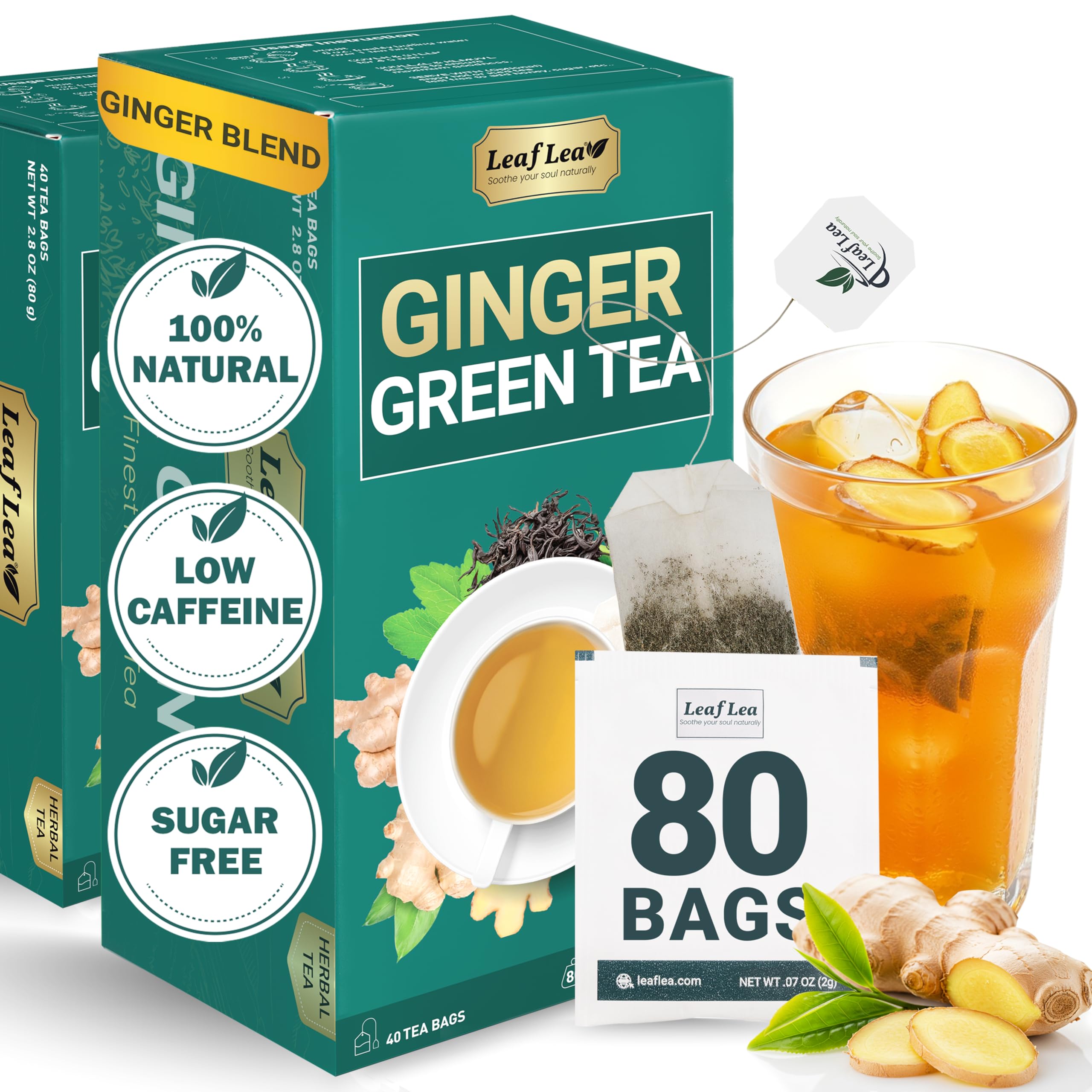 LeafLea 40 Turmeric Ginger Cinnamon Tea Bags, 100% Natural Ingredients Herbal Tea, Turmeric Ginger Herbal Blend for Wellness, Vegan, No Sugar, Caffeine-Free, Individually Wrapped for Freshness