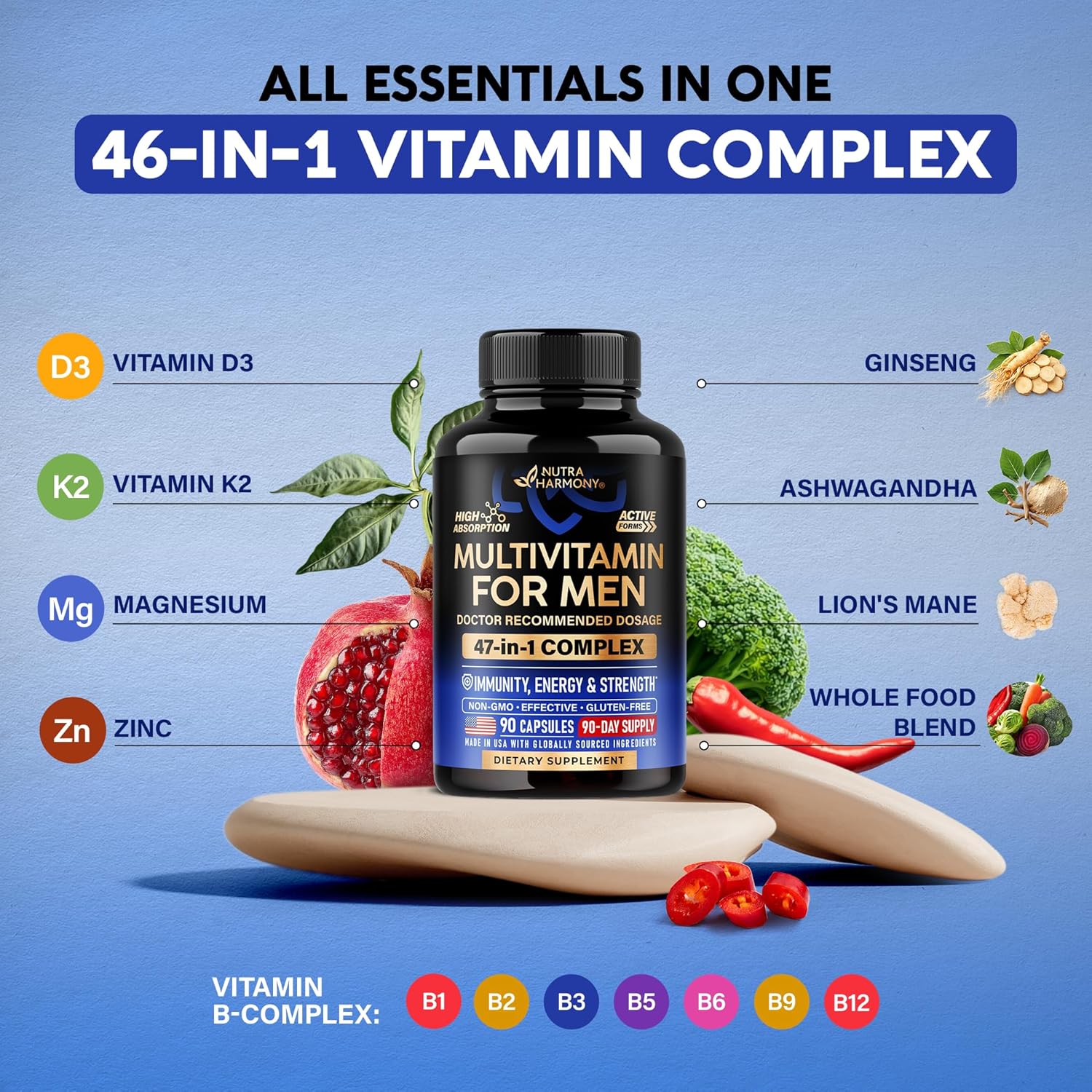 Multivitamin for Men - B-Complex | Whole Foods & Enzymes - Energy, Focus & Brain | Men's Health Complex - 46in1 Mens Multivitamin - Bioavailable & Gentle on Stomach - Lab Tested - 90 Capsules, 1/Day
